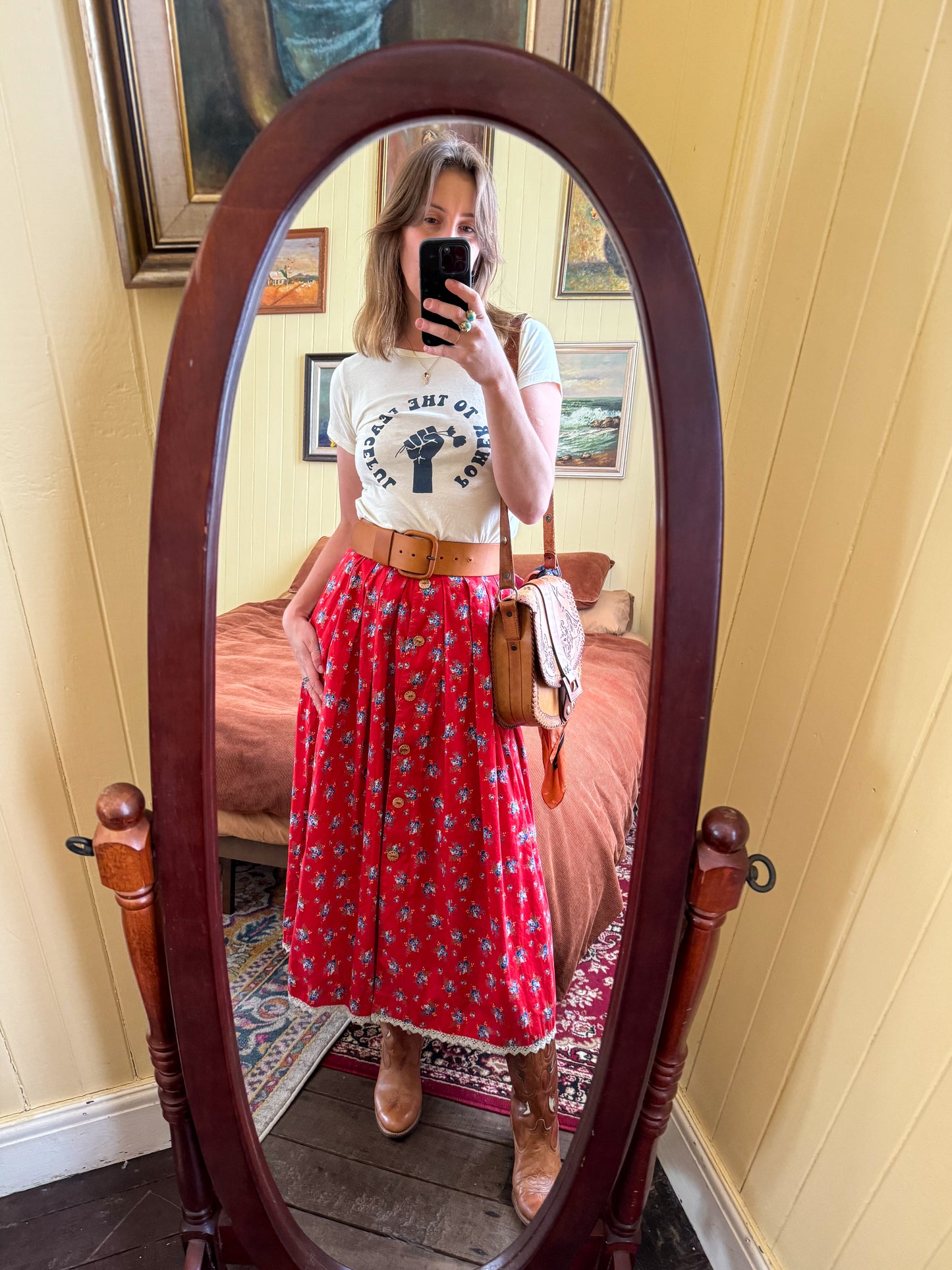 VINTAGE 1970S AUSTRIAN COTTON FLORAL PRINT RUFFLE LACE TRIM MIDI PEASANT SKIRT M