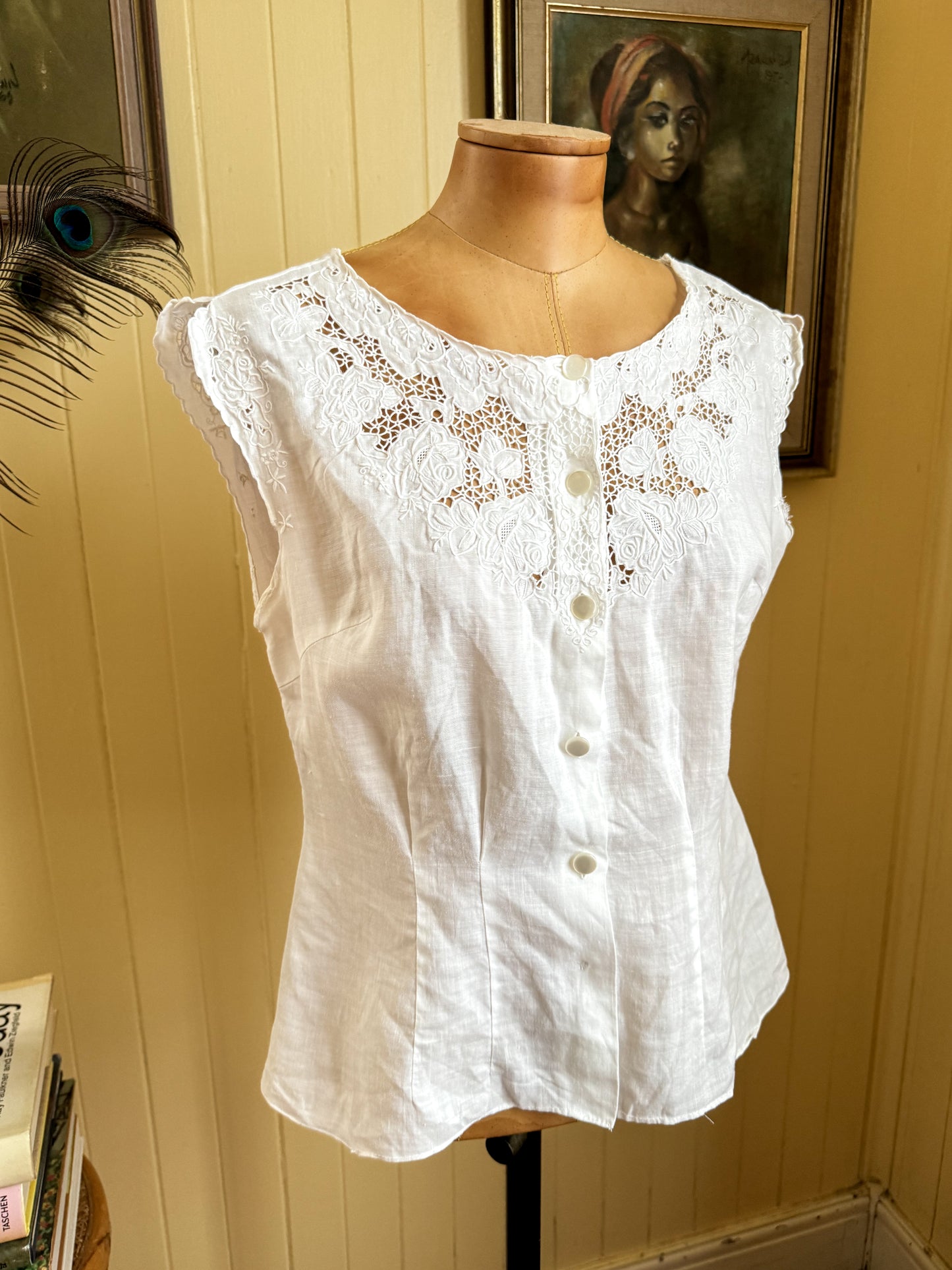 VINTAGE 1980S LINEN EMBROIDERED BUTTON THROUGH BLOUSE S