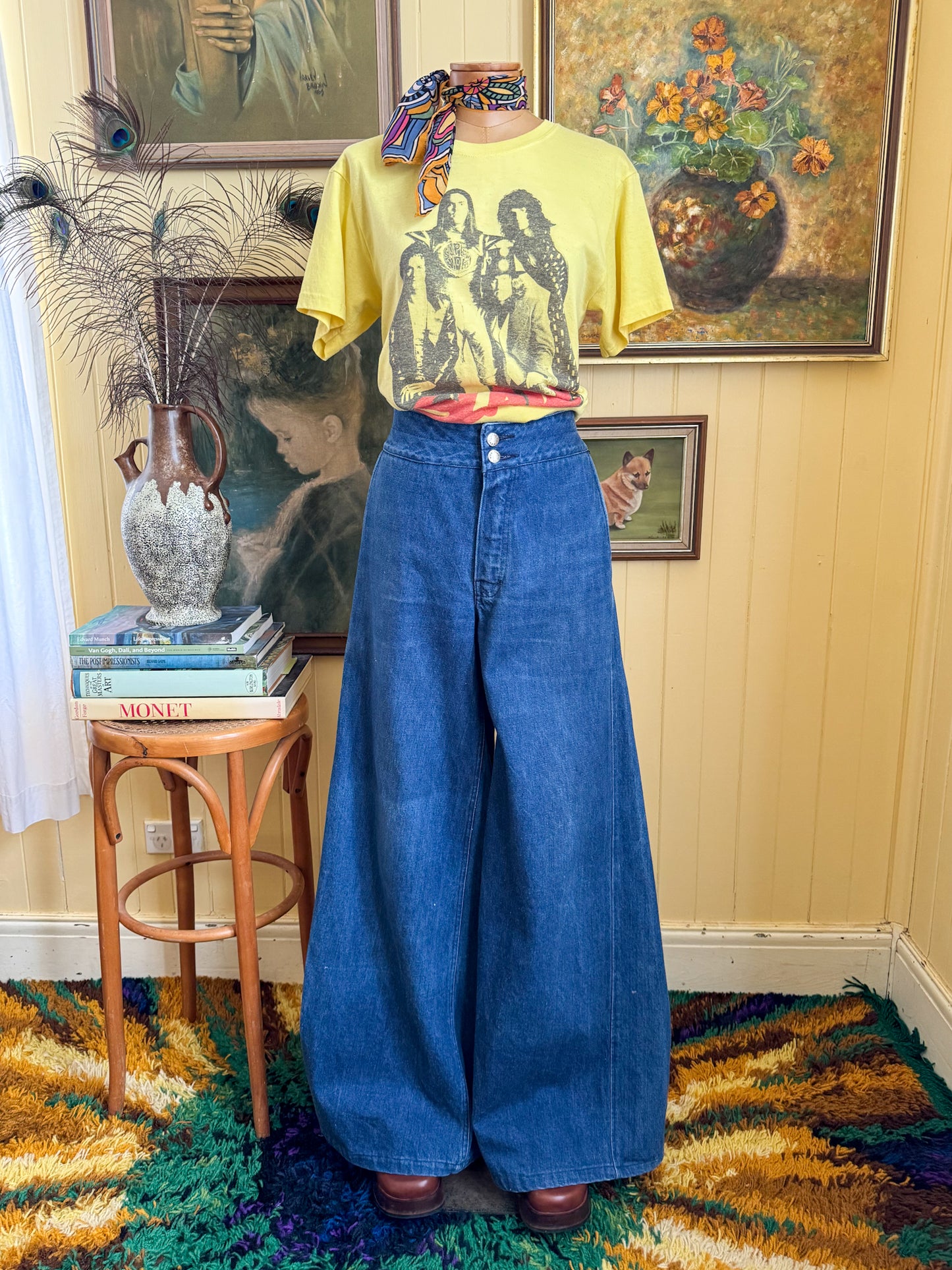 VINTAGE 1970S STAGGERS WIDE LEG SUPER FLARE BELLBOTTOM HIGH WAIST DENIM JEANS M/L