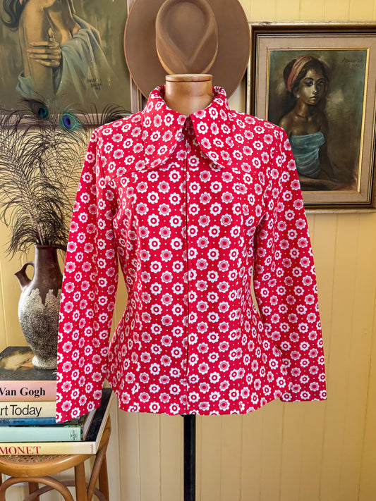 VINTAGE 1970S CALDONA POLY PSYCHEDELIC FLORAL PRINT ZIP COLLARED TOP S/M