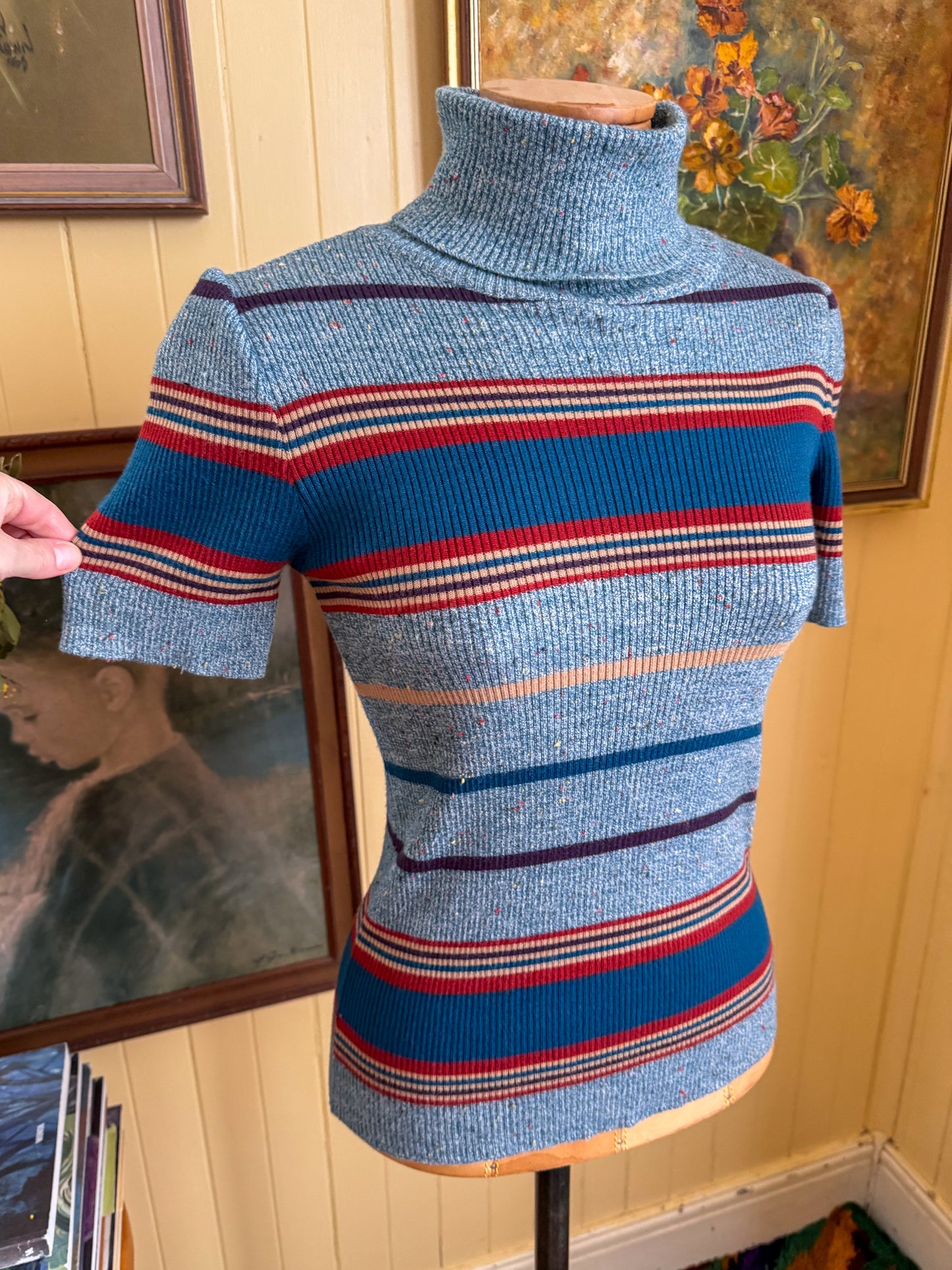 VINTAGE 1970S ITALIAN DAVID JONES WOOL BLEND KNIT ROLL NECK STRIPED SWEATER S/M