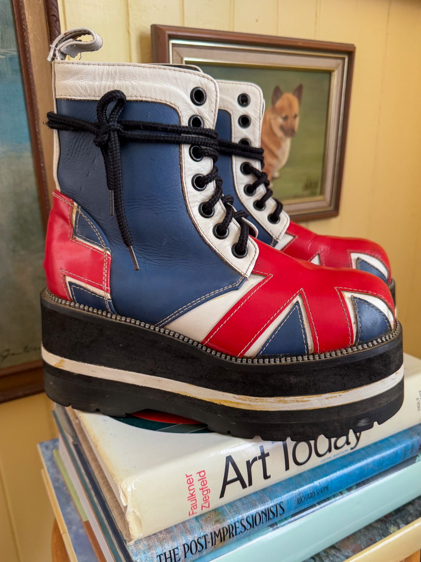 VINTAGE 1990S RARE ITALIAN VANGUARD UNION JACK LEATHER PLATFORM DIESEL SOLE BOOTS 8/38-39