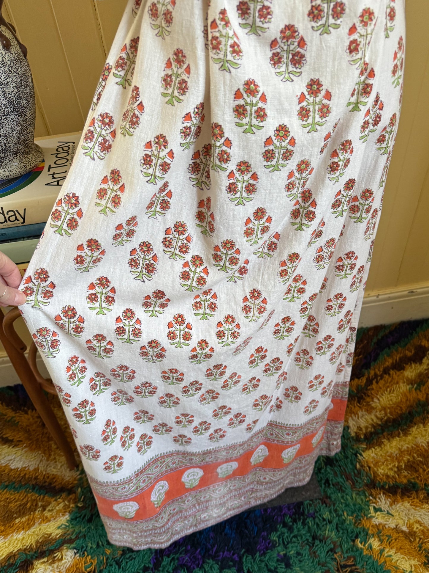 VINTAGE 1970S ANOKHI INDIAN COTTON BLOCK PRINT MAXI DRESS M/L