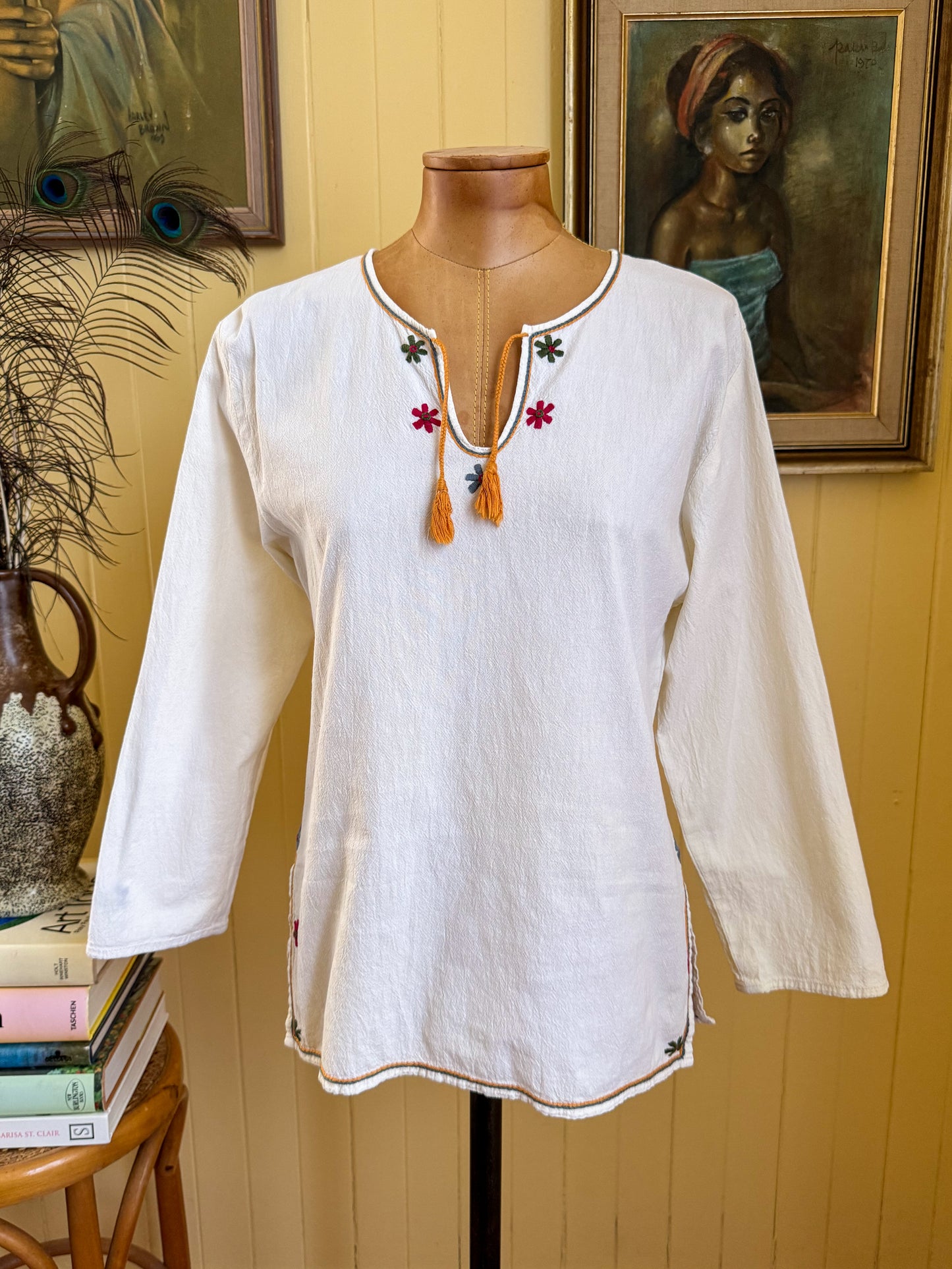 VINTAGE 1990S COTTON EMBROIDERED FOLK BLOUSE XS/S