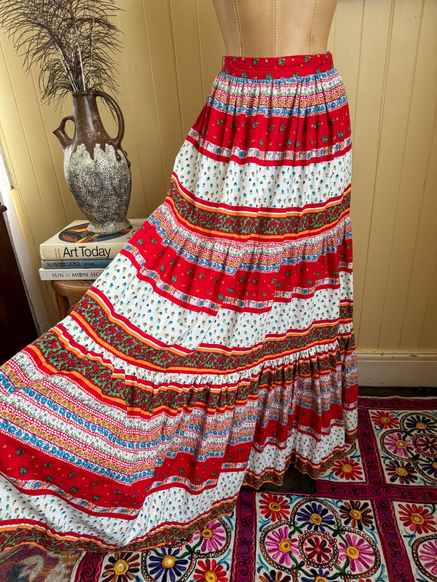 VINTAGE 1970S COTTON MIXED PRINT TIERED PEASANT MAXI SKIRT M