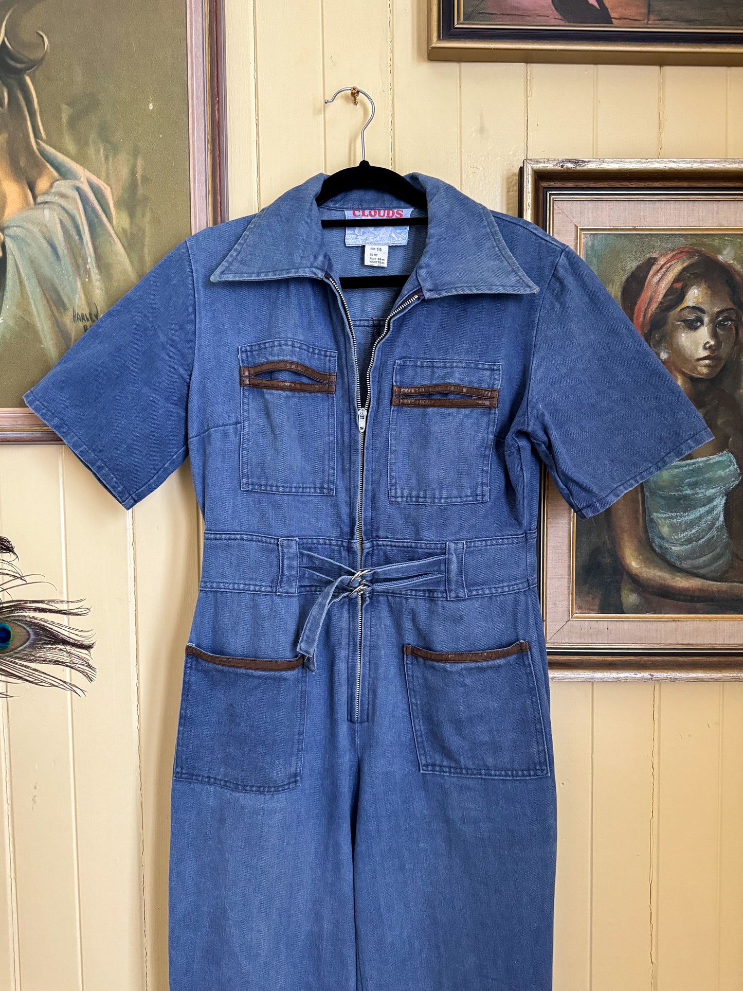 VINTAGE 1970S CLOUDS COTTON DENIM WIDE LEG JUMPSUIT XS/S