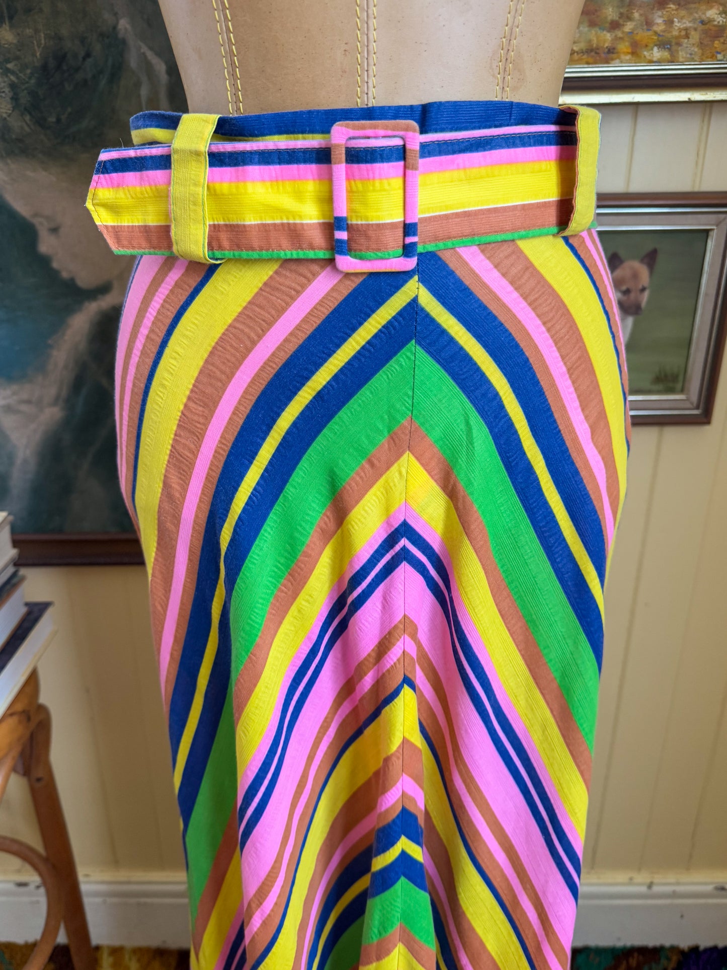 VINTAGE 1970S LONDON BOUTIQUE COTTON RAINBOW STRIPED BELTED MAXI SKIRT S/M
