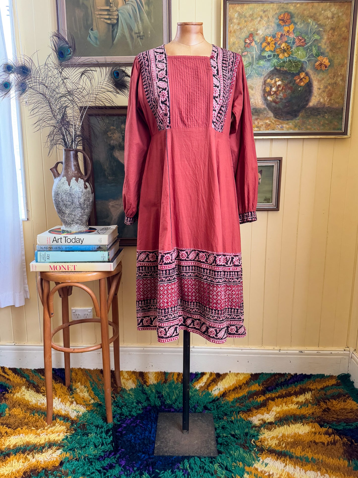 VINTAGE 1970S IMPORTIQUE INDIAN COTTON BLOCK PRINT MIDI SMOCK DRESS M