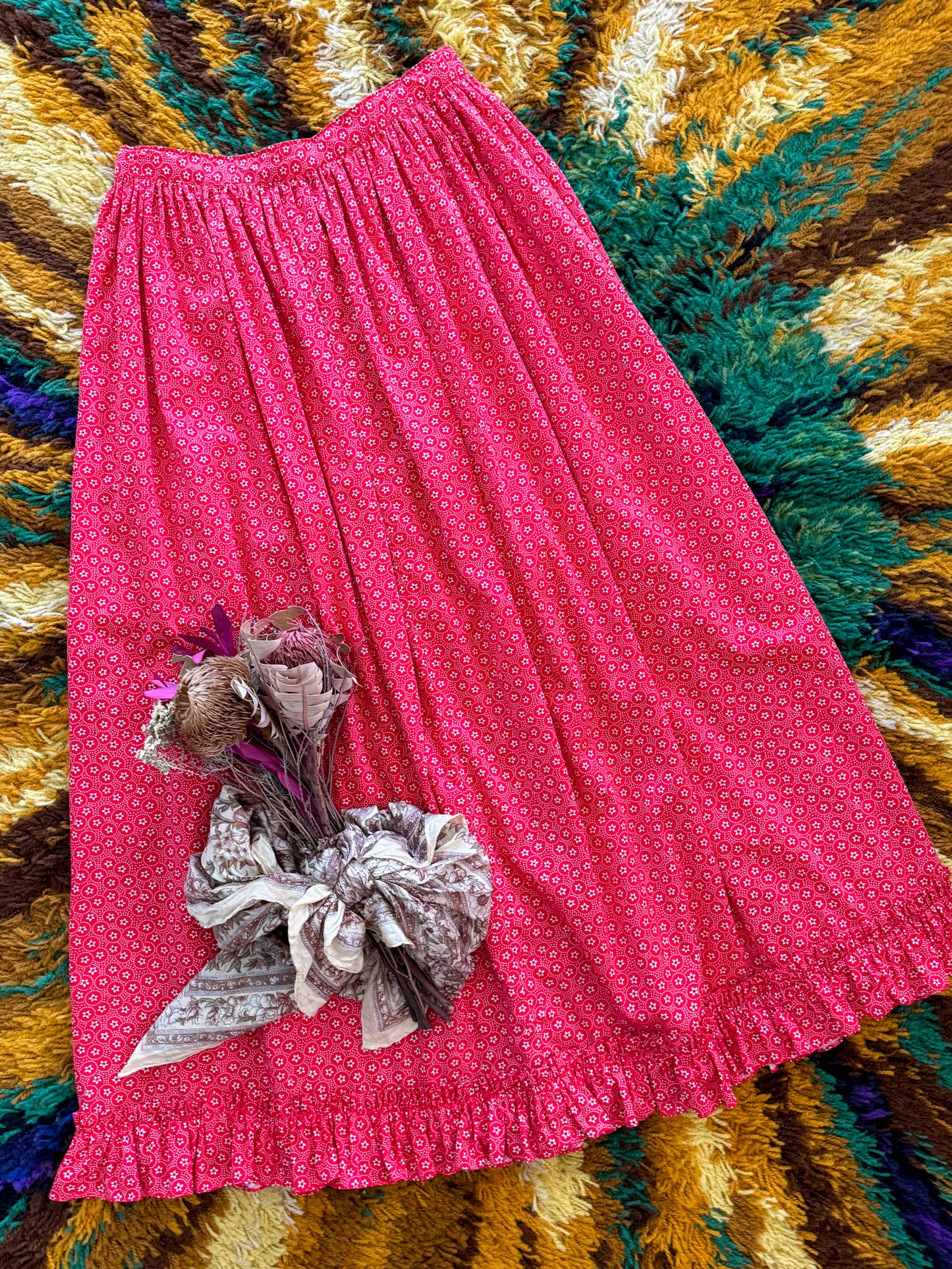 VINTAGE 1970S COTTON FLORAL PRINT PRAIRIE RUFFLE MAXI SKIRT M