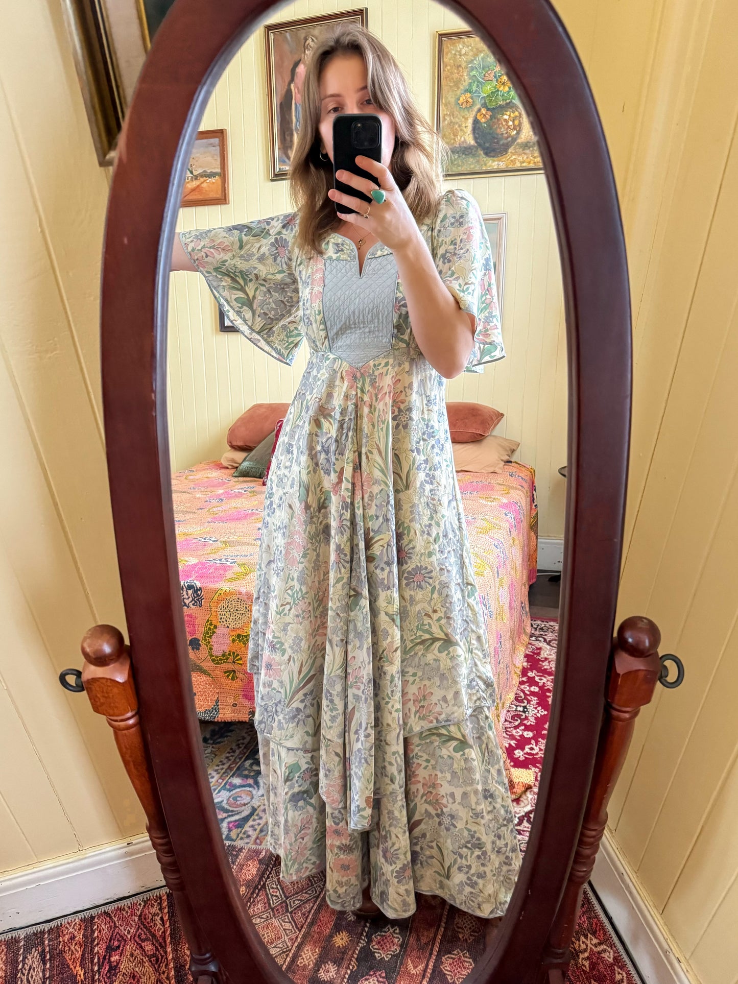 VINTAGE 1970S RARE ENGLISH ANNA BELINDA OXFORD SILK FLORAL MAXI PRAIRIE DRESS S/M