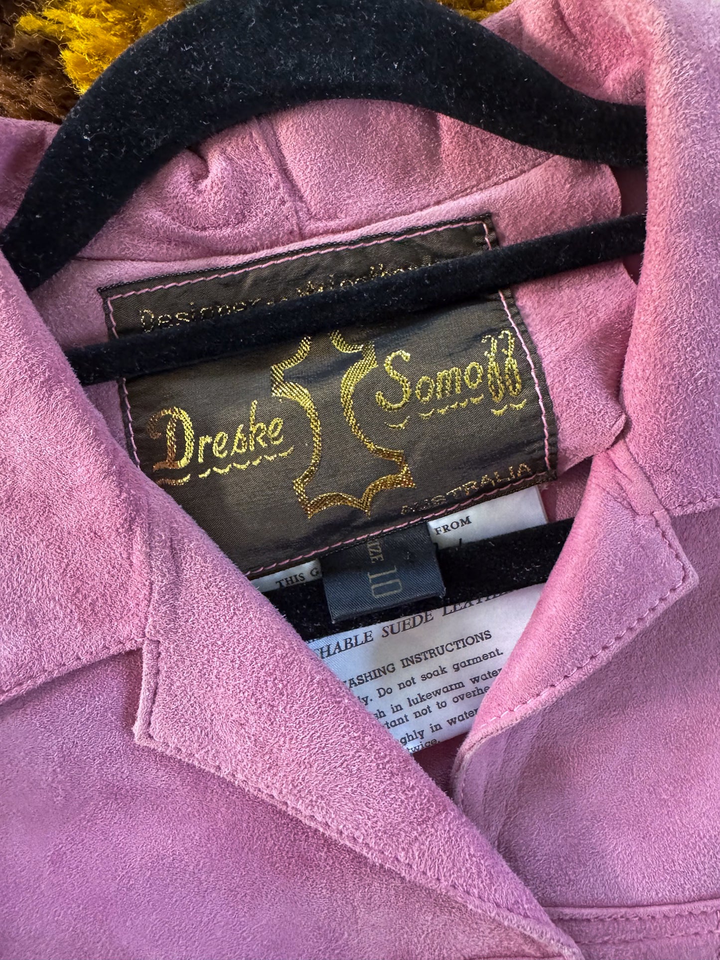 VINTAGE 1970S DRESKE SOMOFF PINK PATCHWORK SUEDE JACKET AND MIDI SKIRT SET XS