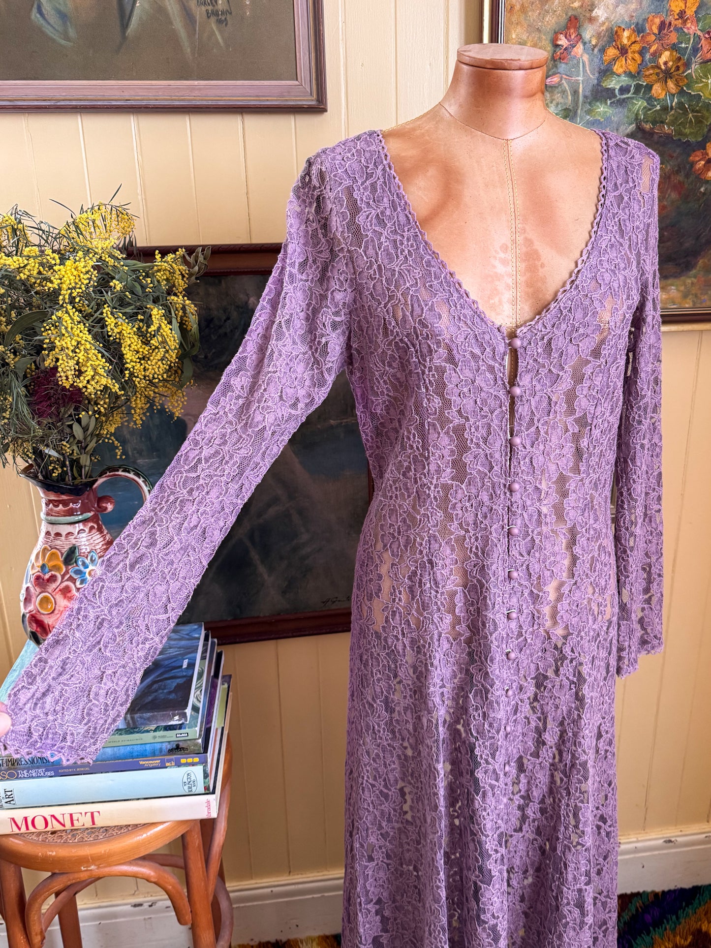 VINTAGE 1990S MAUVE LACE LONG SLEEVE MAXI DUSTER DRESS M/L