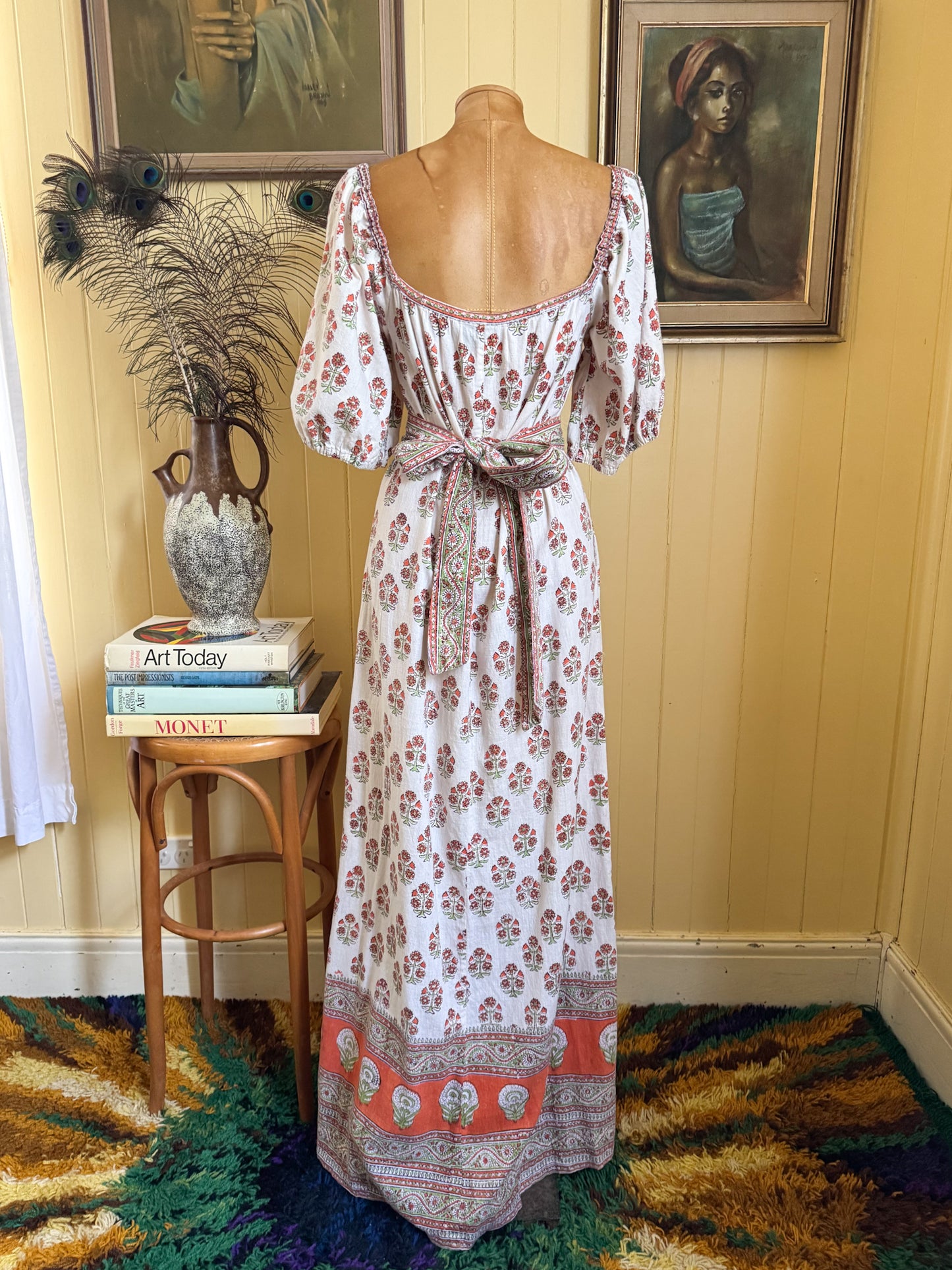 VINTAGE 1970S ANOKHI INDIAN COTTON BLOCK PRINT MAXI DRESS M/L