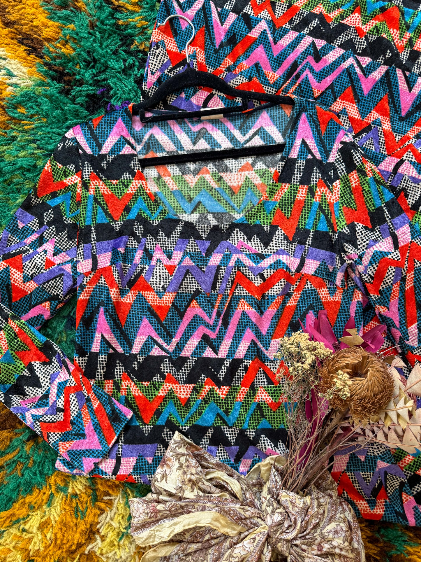 VINTAGE 1990S MAGLIA VELVET RAINBOW CHEVRON MAXI DRESS M/L