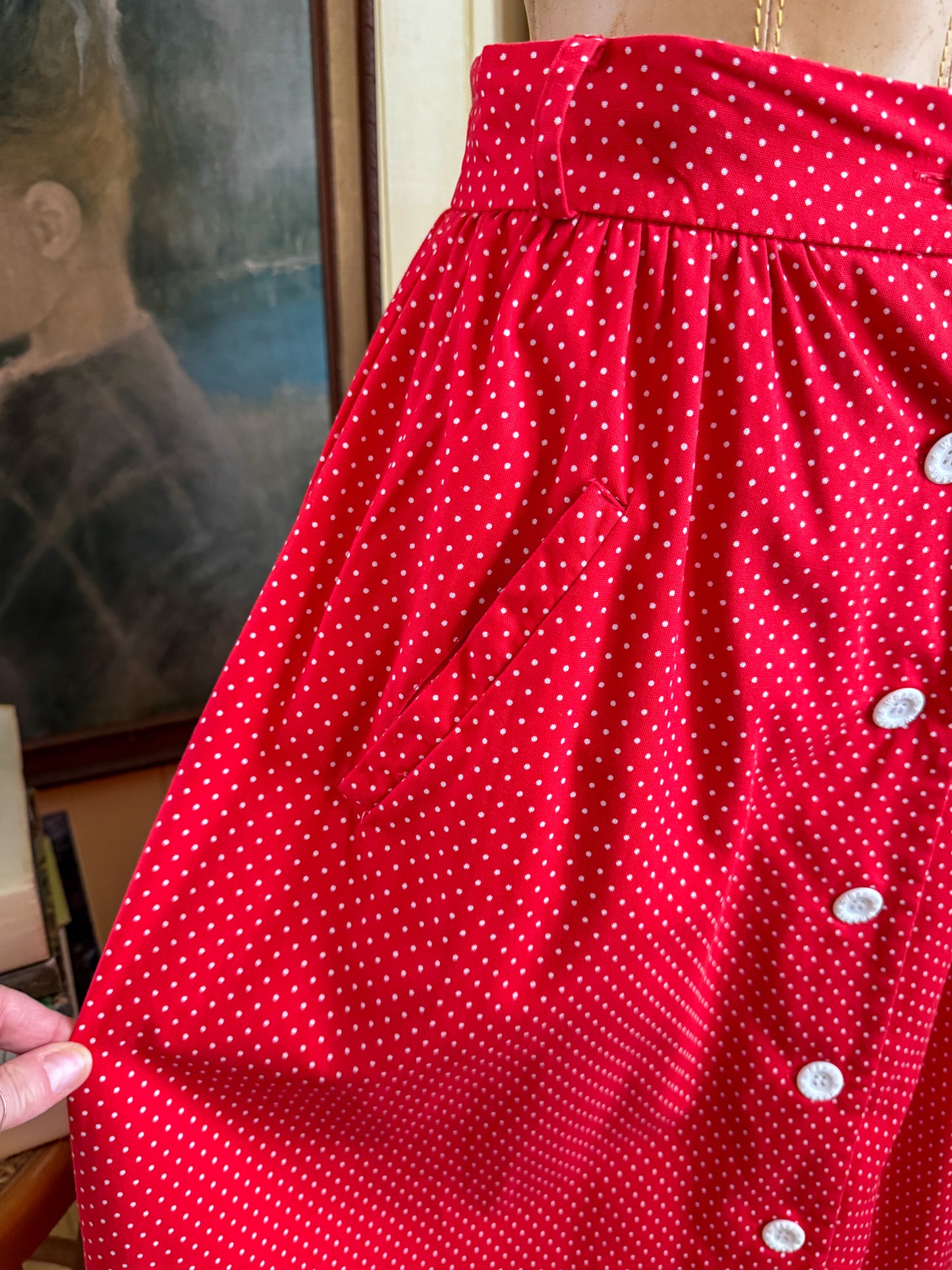 VINTAGE 1970S WRAGGS COTTON POLKA DOT BUTTON THROUGH MAXI SKIRT XS/S