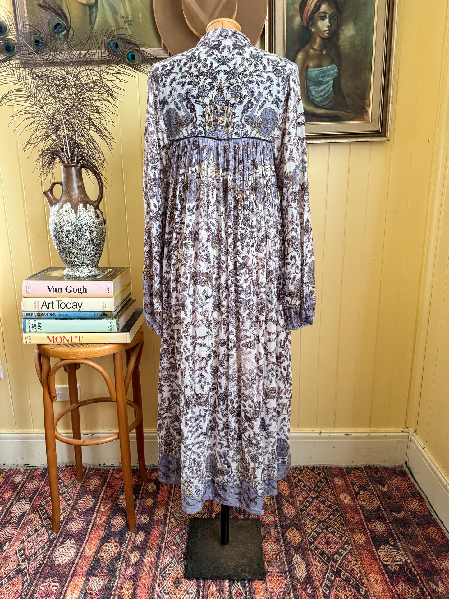 VINTAGE 1970S INDIAN COTTON GAUZE BLOCK PRINT MIDI DRESS S/M