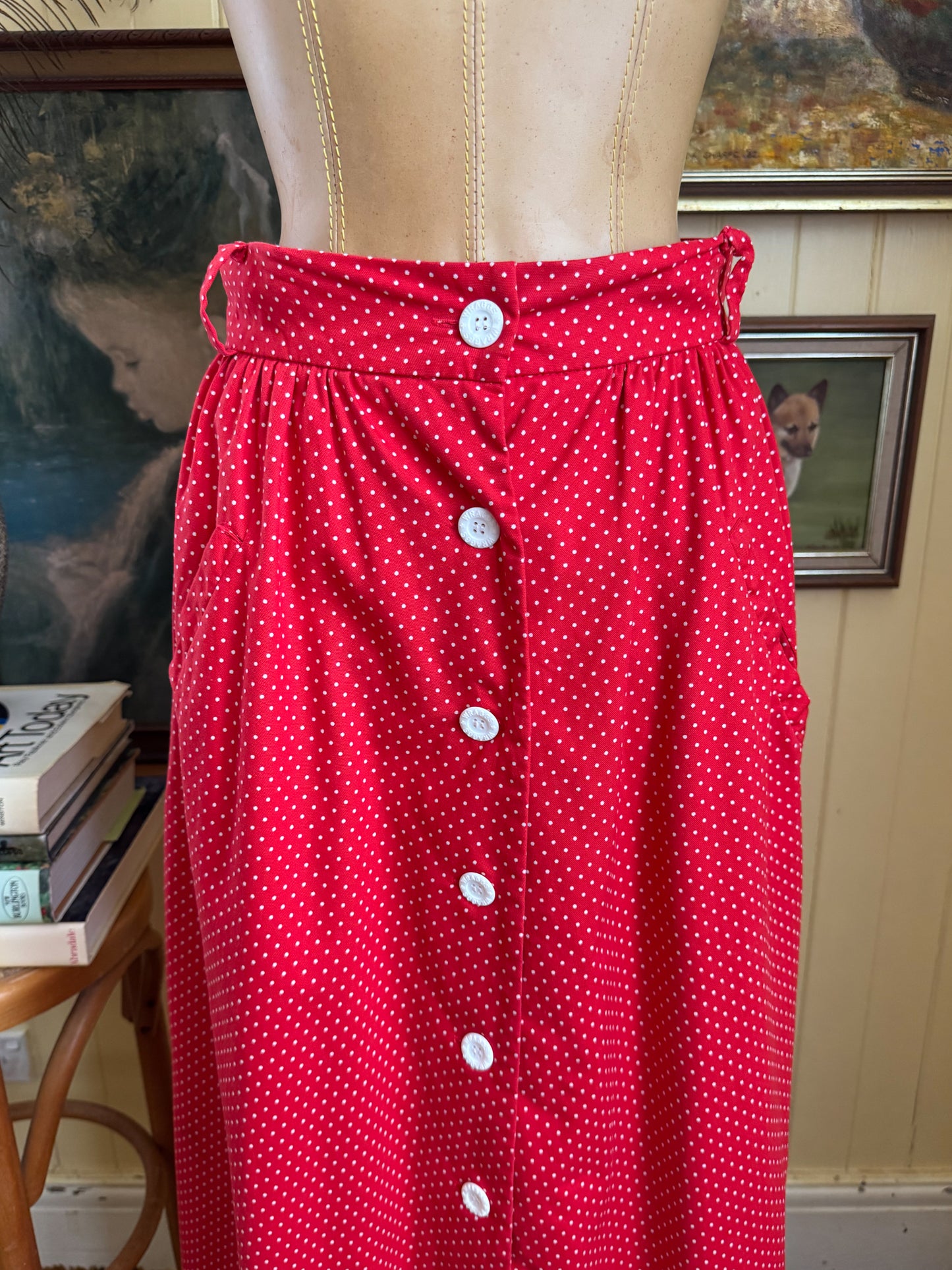 VINTAGE 1970S WRAGGS COTTON POLKA DOT BUTTON THROUGH MAXI SKIRT XS/S