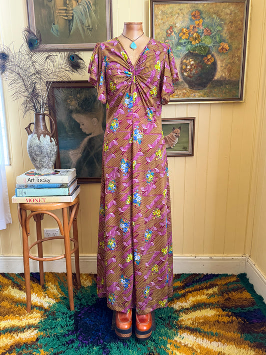VINTAGE 1970S NYLON PSYCHEDELIC FLORAL PRINT MAXI DRESS M