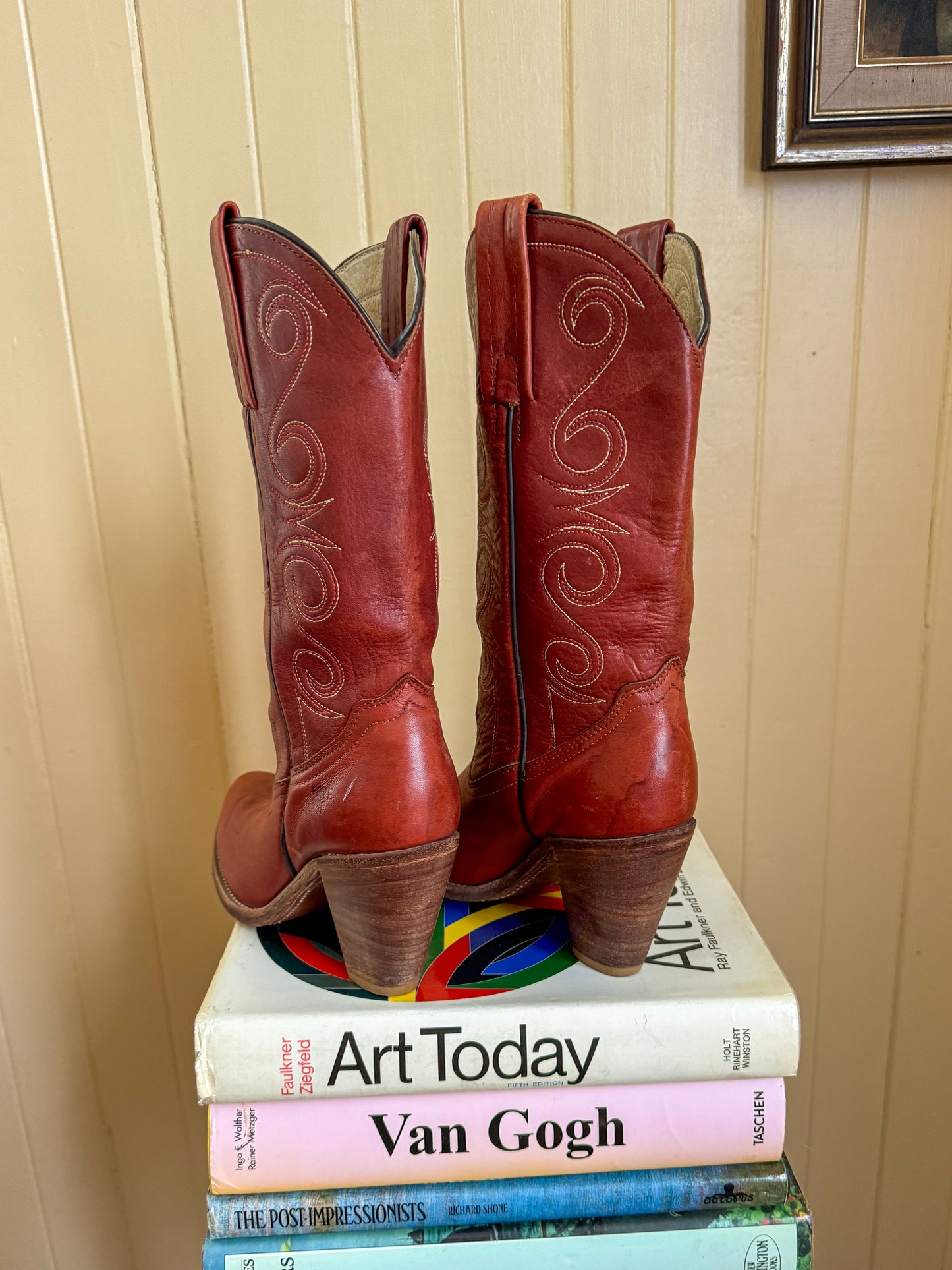 VINTAGE FRYE EMBROIDERED LEATHER WESTERN CUBAN HIGH HEEL BOOTS 8.5/39