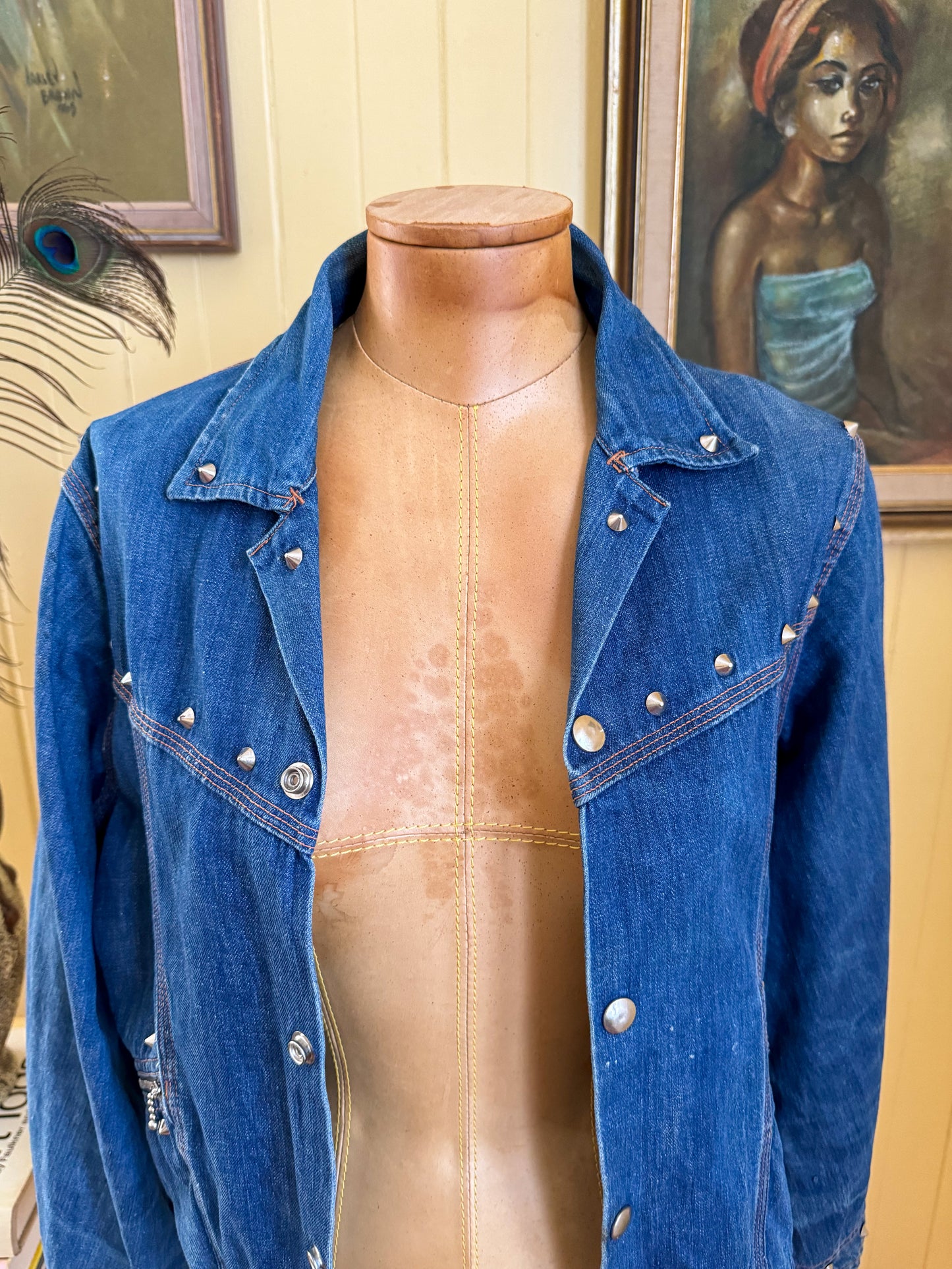 VINTAGE 1970S AMCO COTTON DENIM STUDDED CROPPED JACKET S