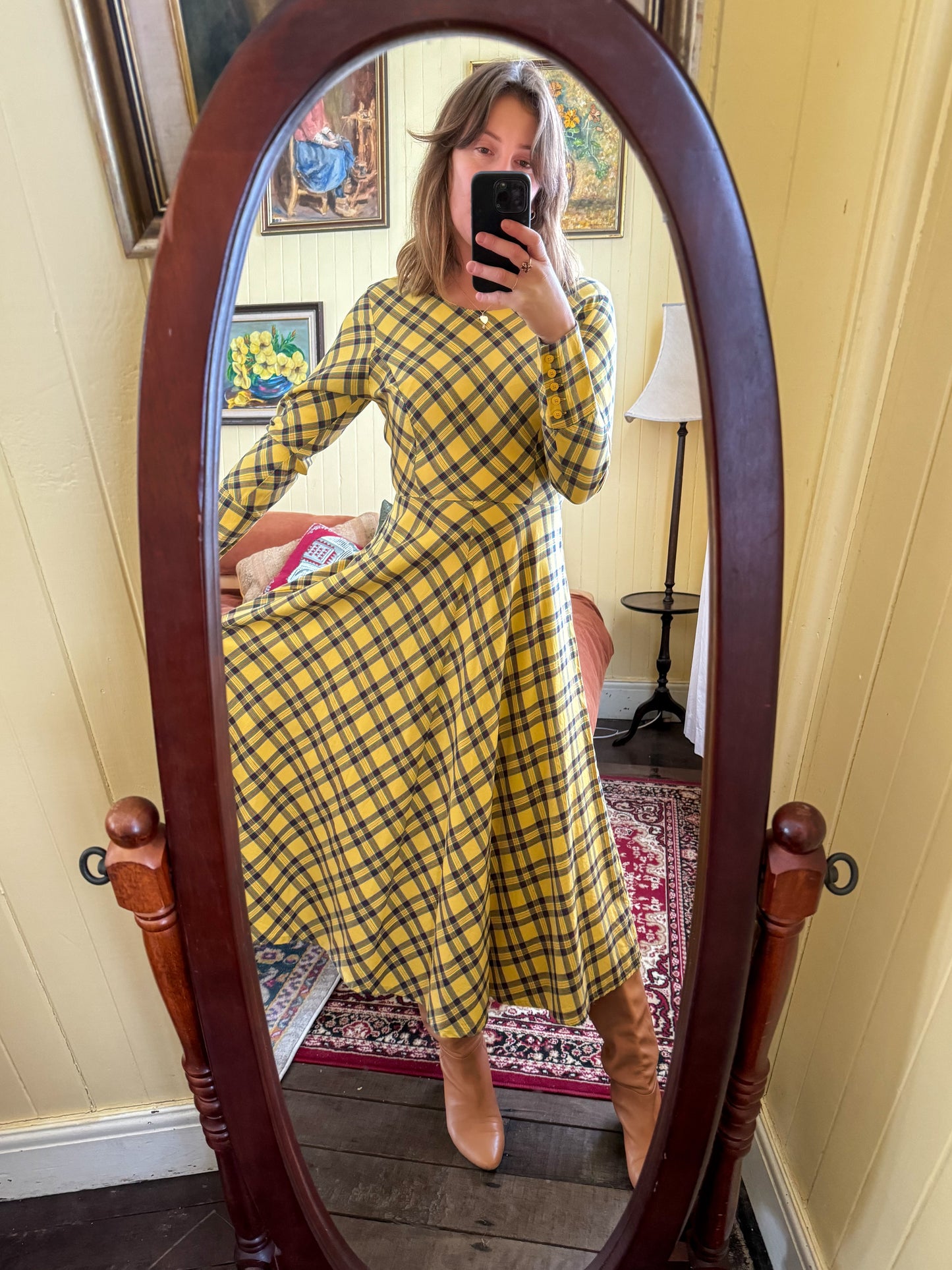 VINTAGE 1980S NORMA KAMALI JAPANESE COTTON PLAID MIDI DRESS S