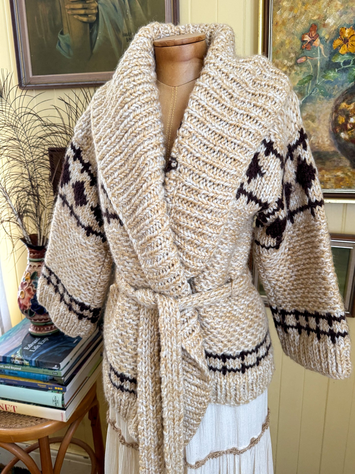 VINTAGE 1970S WOOL HAND KNIT STARSKY AND HUTCH CHUNKY KNIT WRAP CARDIGAN S