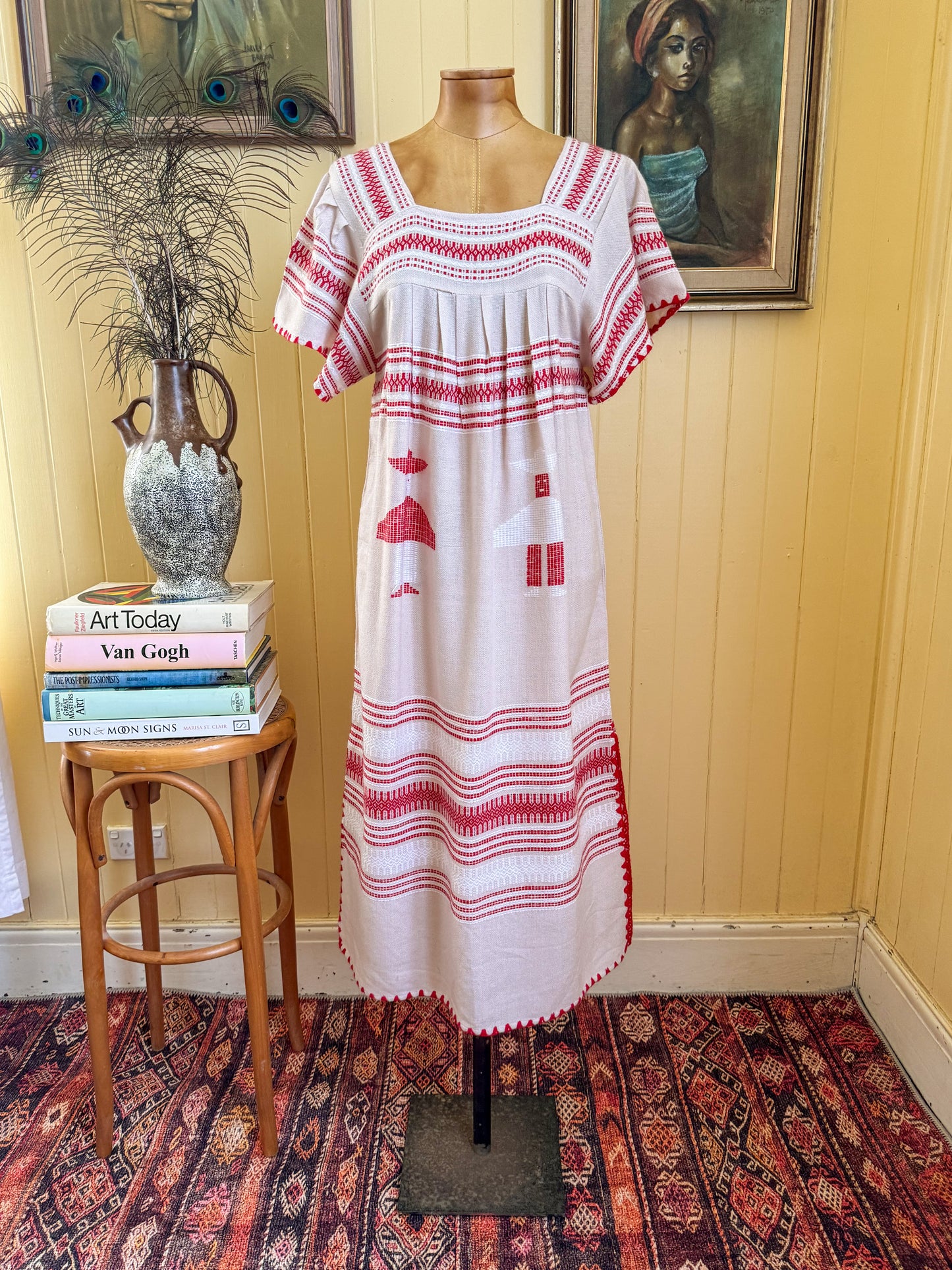 VINTAGE 1990S MEXICAN EMBROIDERED HUIPIL MIDI SMOCK DRESS S/M