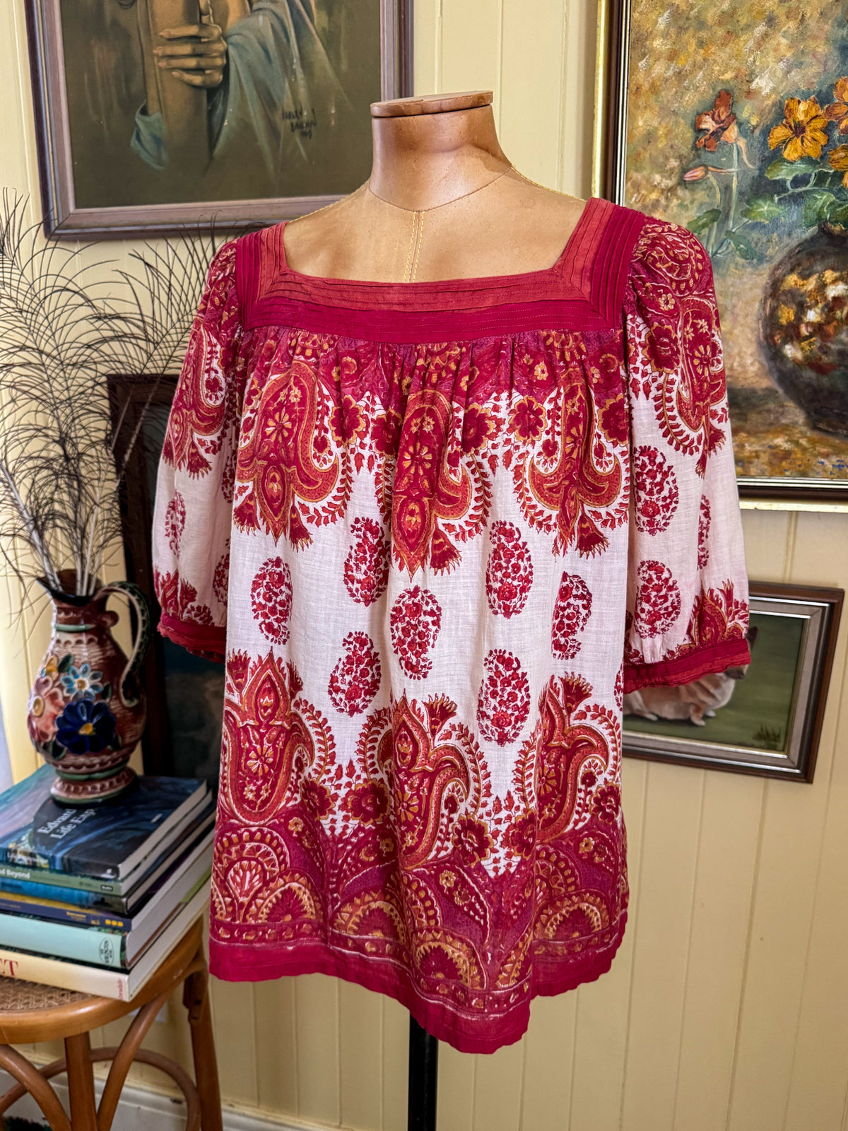 VINTAGE 1970S ANOKHI INDIAN COTTON PAISLEY PRINT PEASANT BLOUSE M
