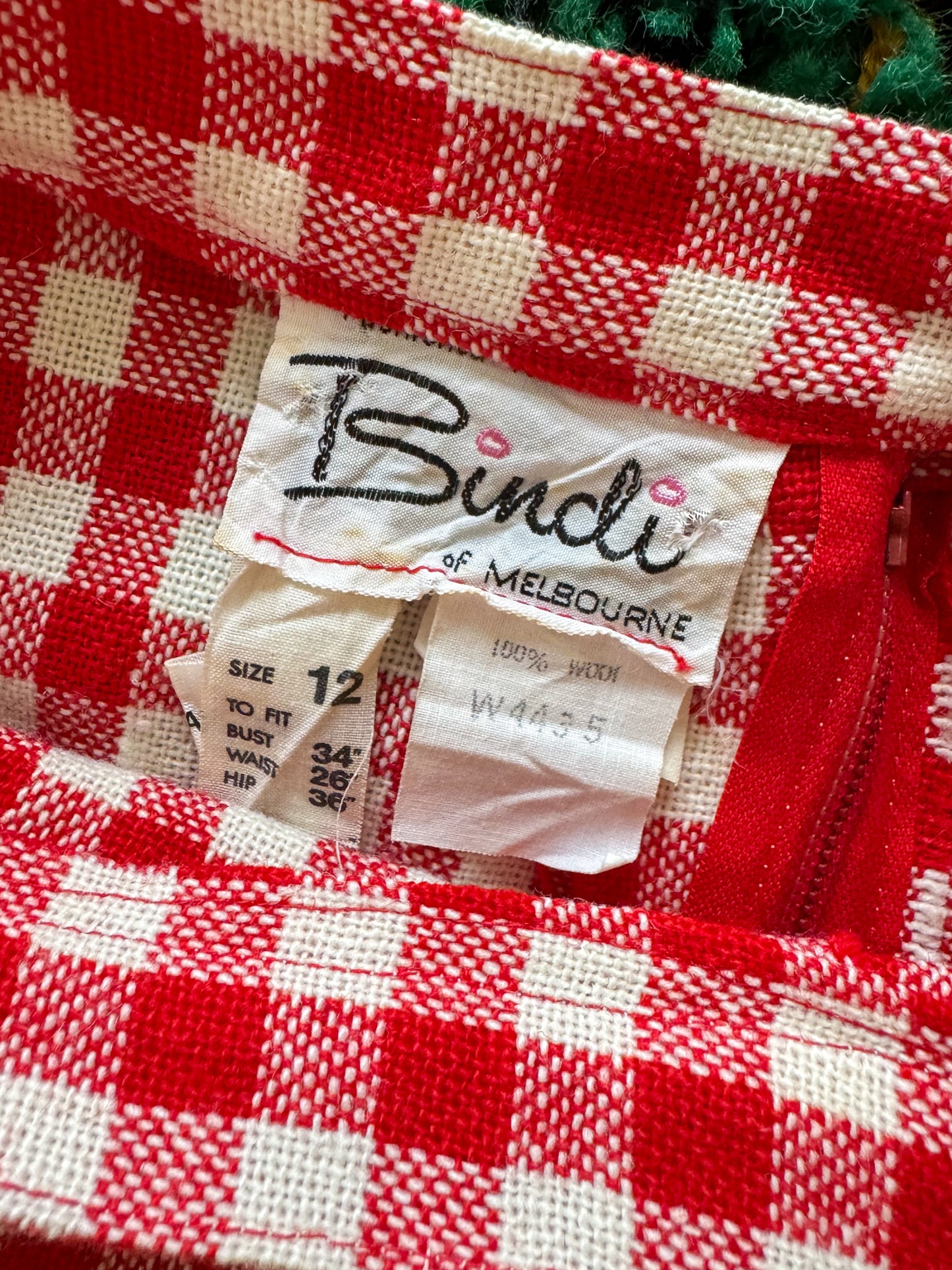 VINTAGE 1970S BINDI OF MELBOURNE WOOL GINGHAM MINI SKIRT S