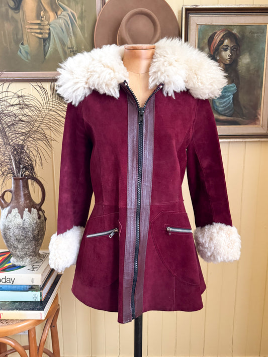 VINTAGE 1970S PLUM SUEDE LEATHER FLUFFY SHEARLING PENNY LANE JACKET S/M
