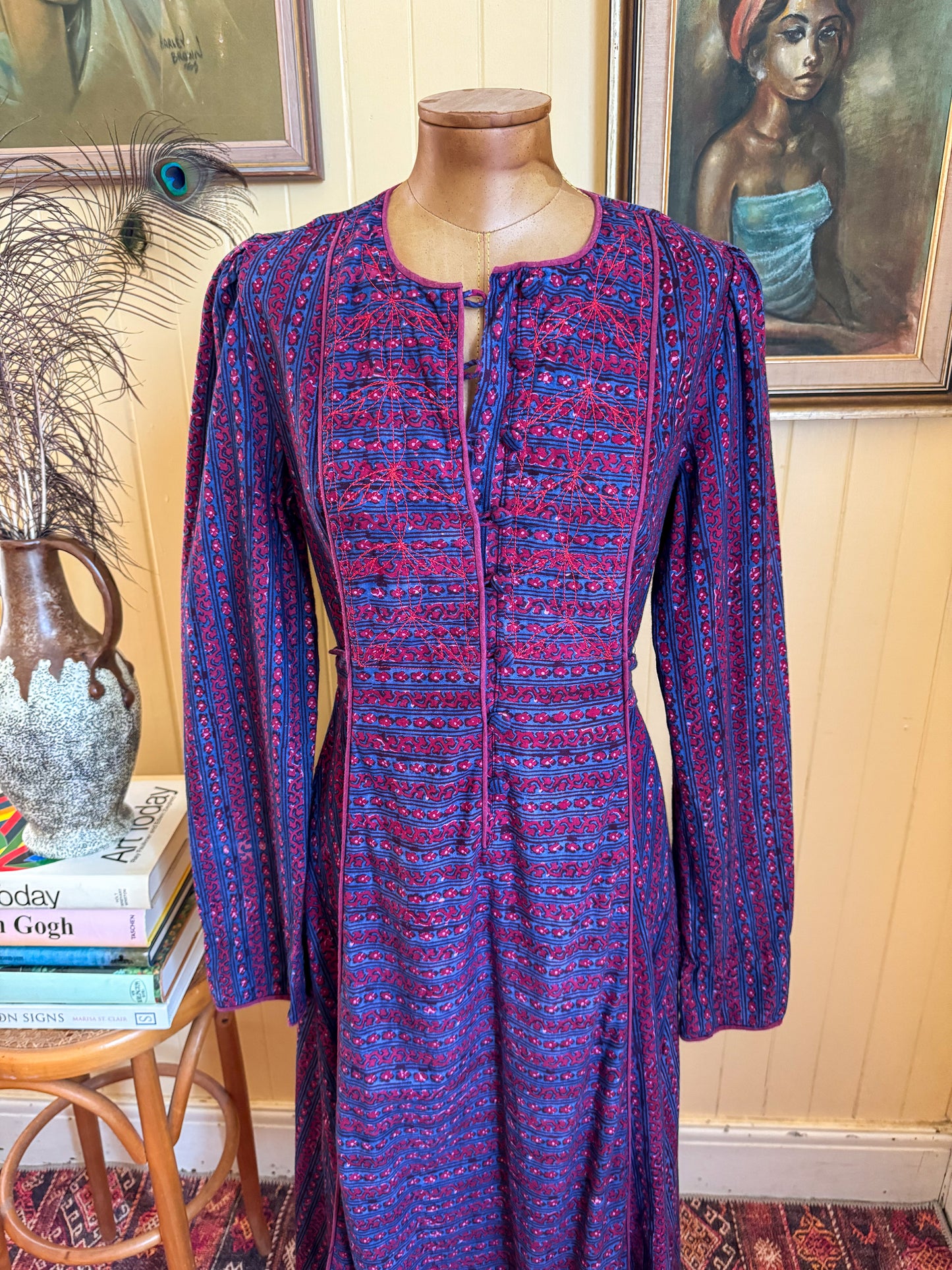 VINTAGE 1970S MAYUR INDIAN COTTON BLOCK PRINT MIDI DRESS M