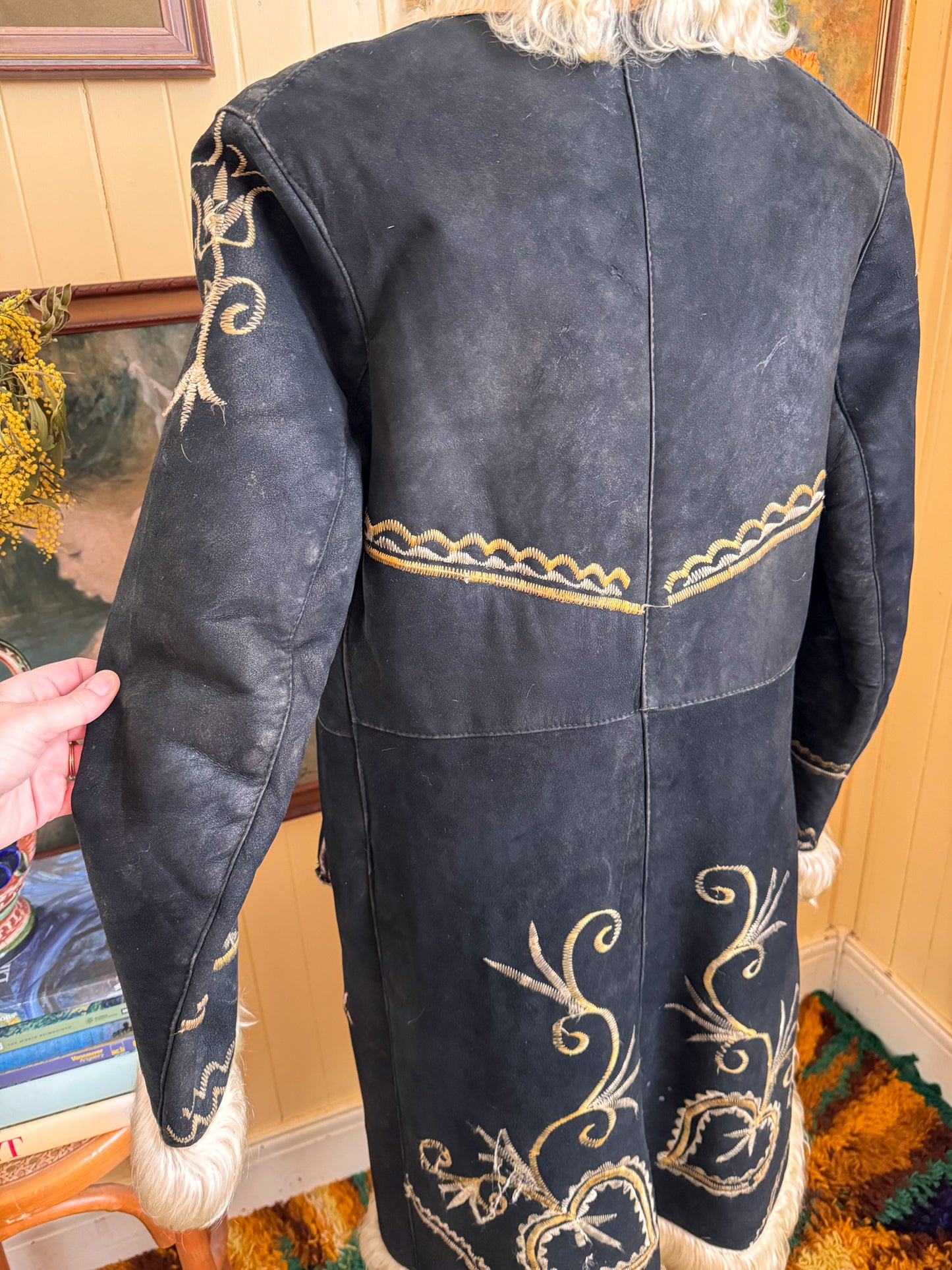 VINTAGE 1960S RARE AFGHAN SUEDE LEATHER MONGOLIAN WOOL PENNY LANE EMBROIDERED LONG COAT S