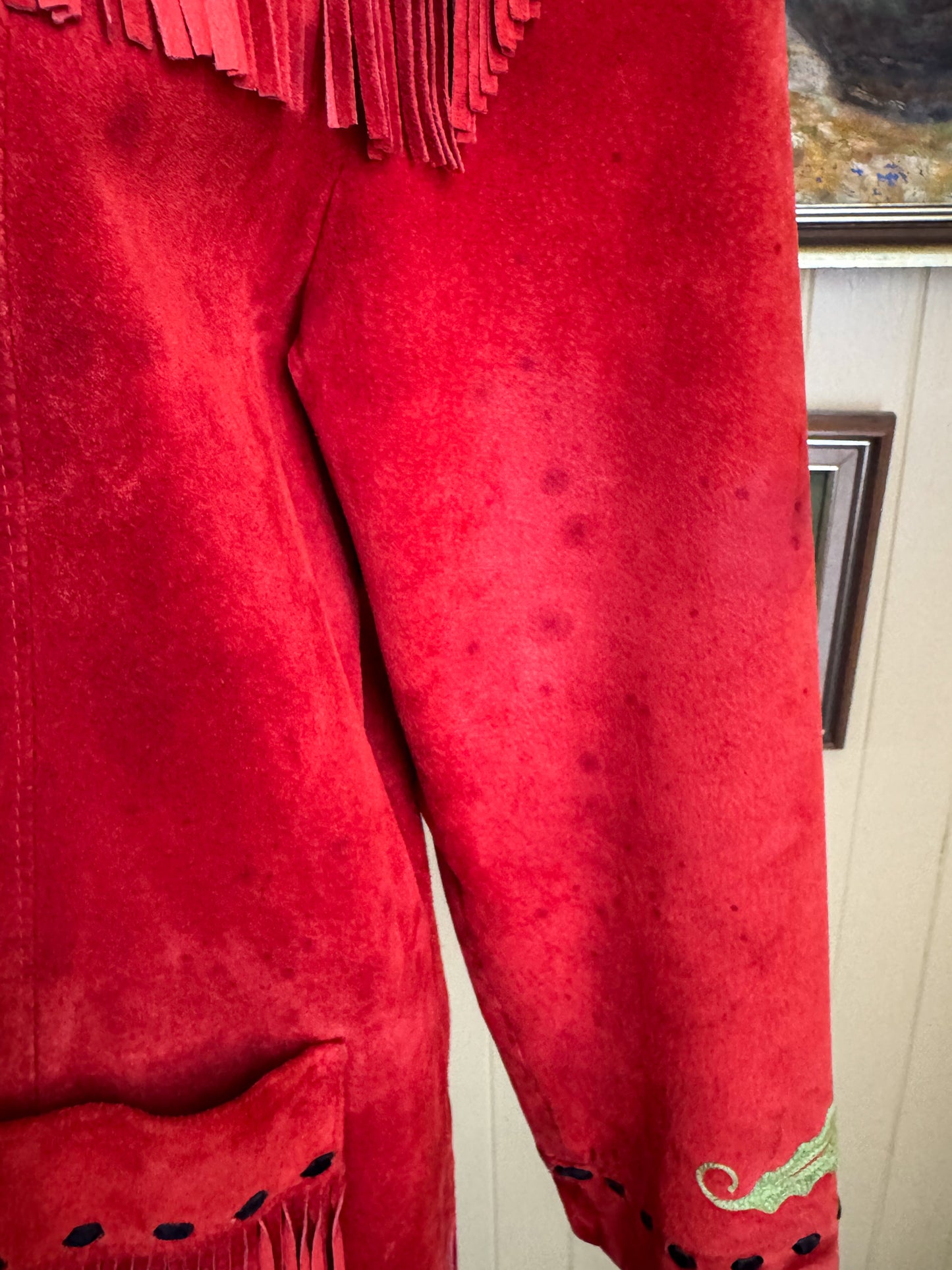 VINTAGE RARE CHAR SANTA FE RED SUEDE FRINGED EMBROIDERED WESTERN JACKET M