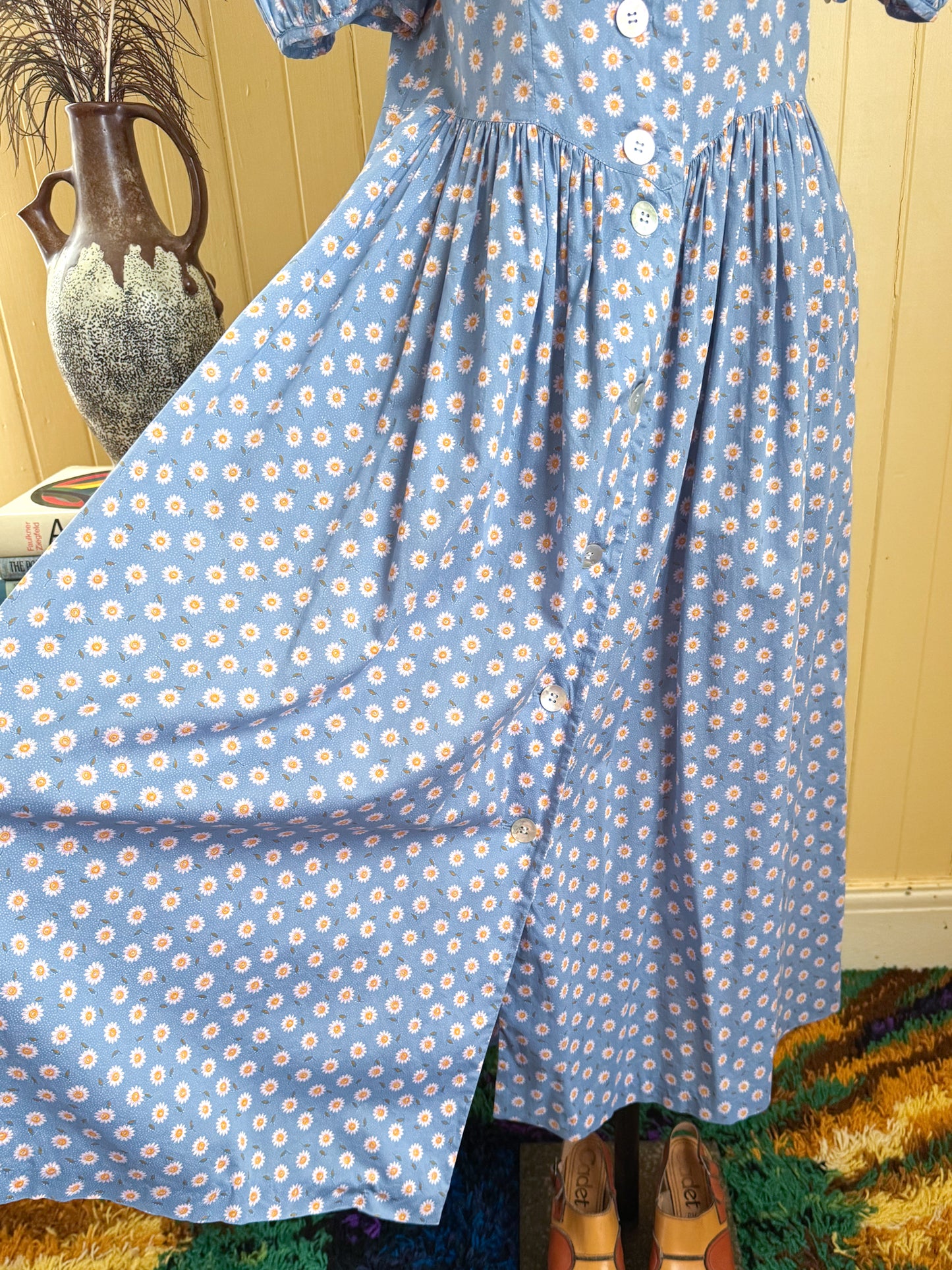 VINTAGE 1990S PERRY LANDHAUS COTTON FLORAL PRINT DIRNDL DRESS S/M