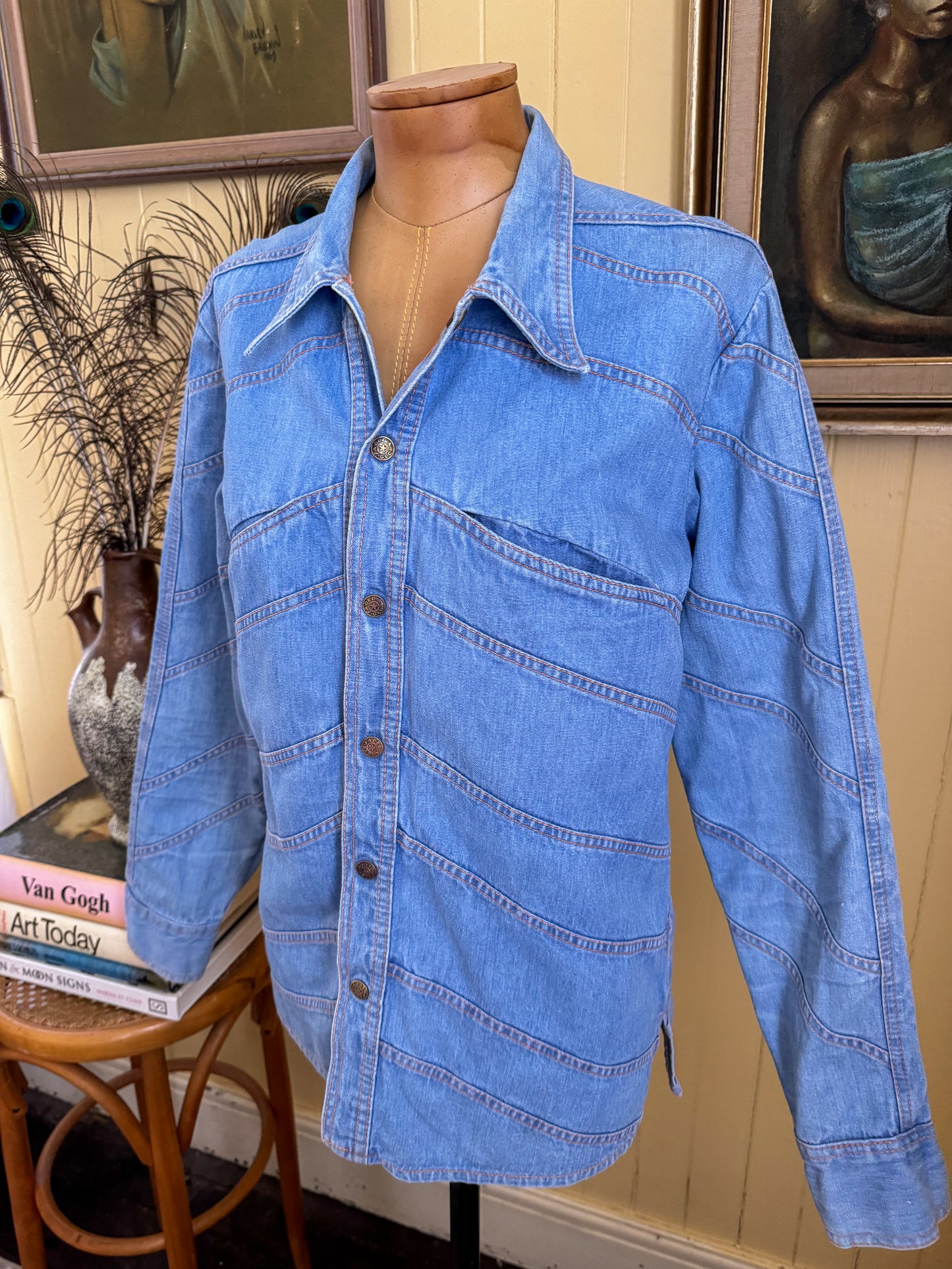 VINTAGE 1970S FADED GLORY COTTON DENIM CHEVRON SHIRT JACKET S/M