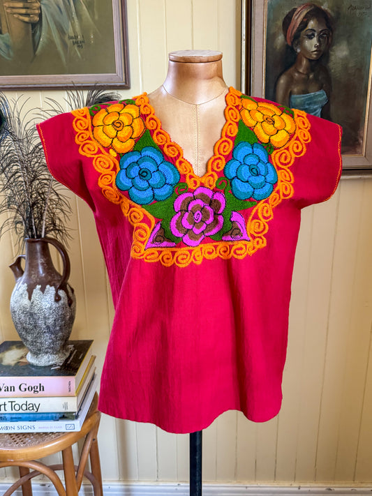 VINTAGE 1980S MEXICAN COTTON EMBROIDERED SMOCK TOP S/M