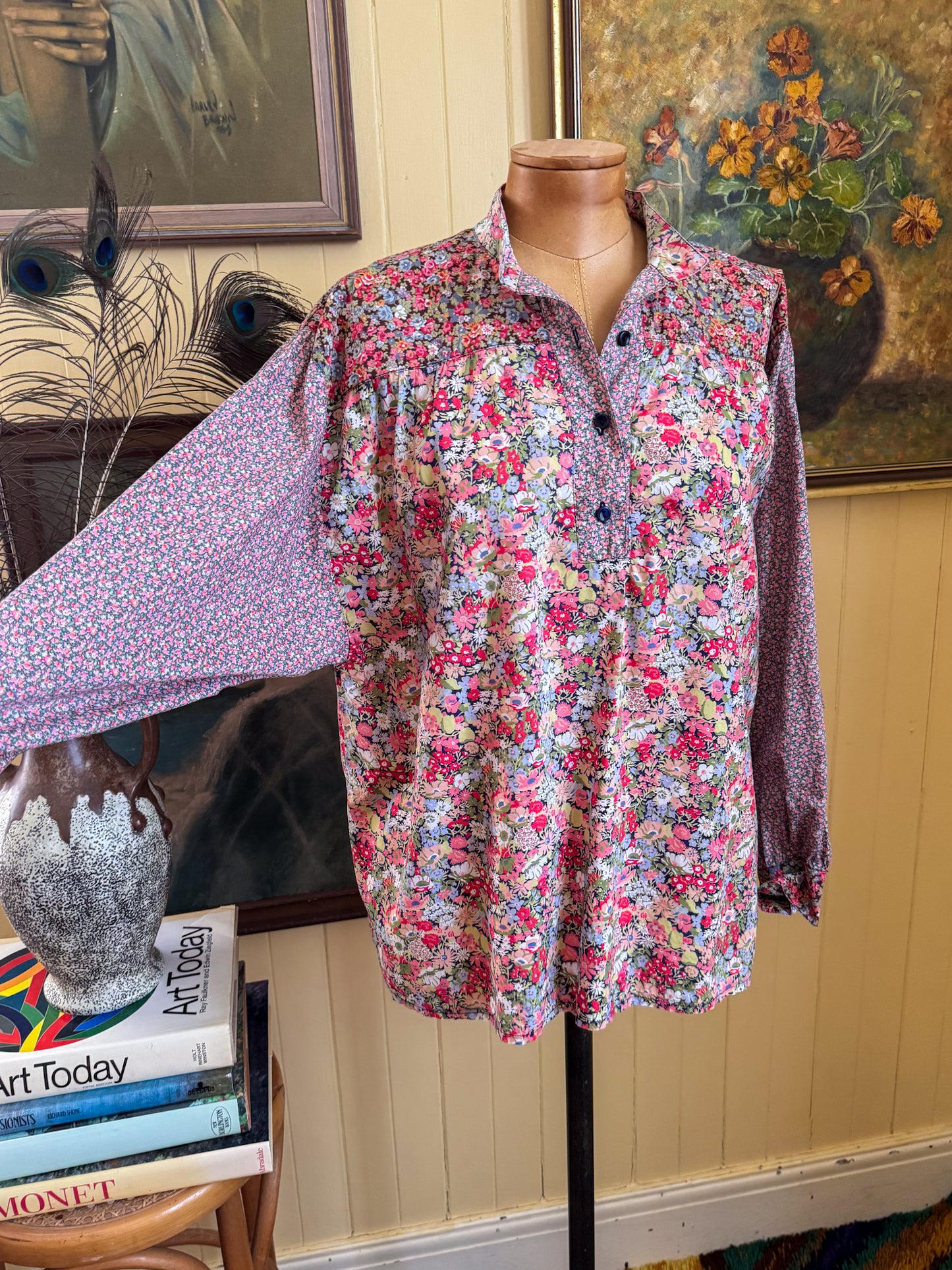 VINTAGE 1990S AUSTRALIAN THE COUNTRY FIELDS COTTON FLORAL PRINT BLOUSE M/L