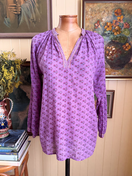 VINTAGE 1970S LASTANGO PAKISTANI COTTON GAUZE BLOCK PRINT BLOUSE S/M