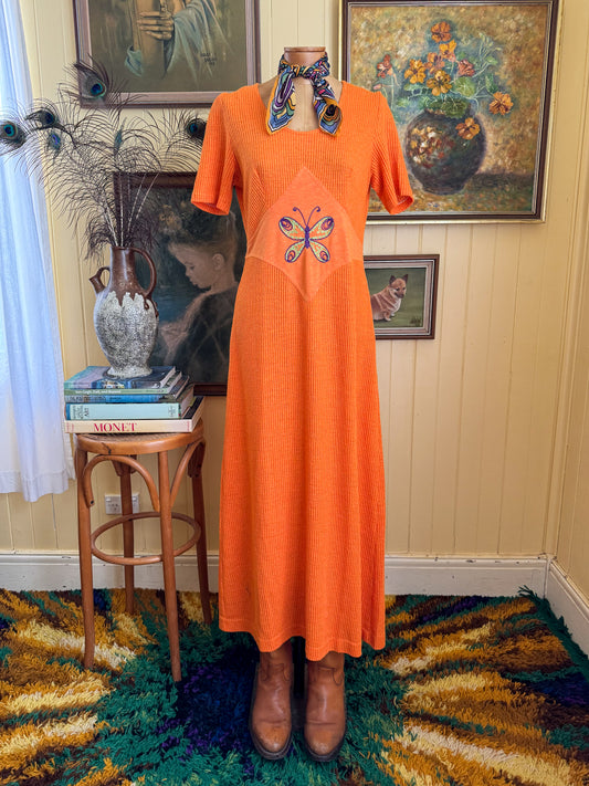 VINTAGE 1970S PRISCILLA BUTTERFLY EMBROIDERY RIBBED MAXI DRESS M