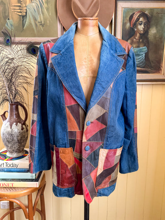 VINTAGE 1970S ROSEMARY KOREAN PATCHWORK LEATHER + DENIM BLAZER JACKET M