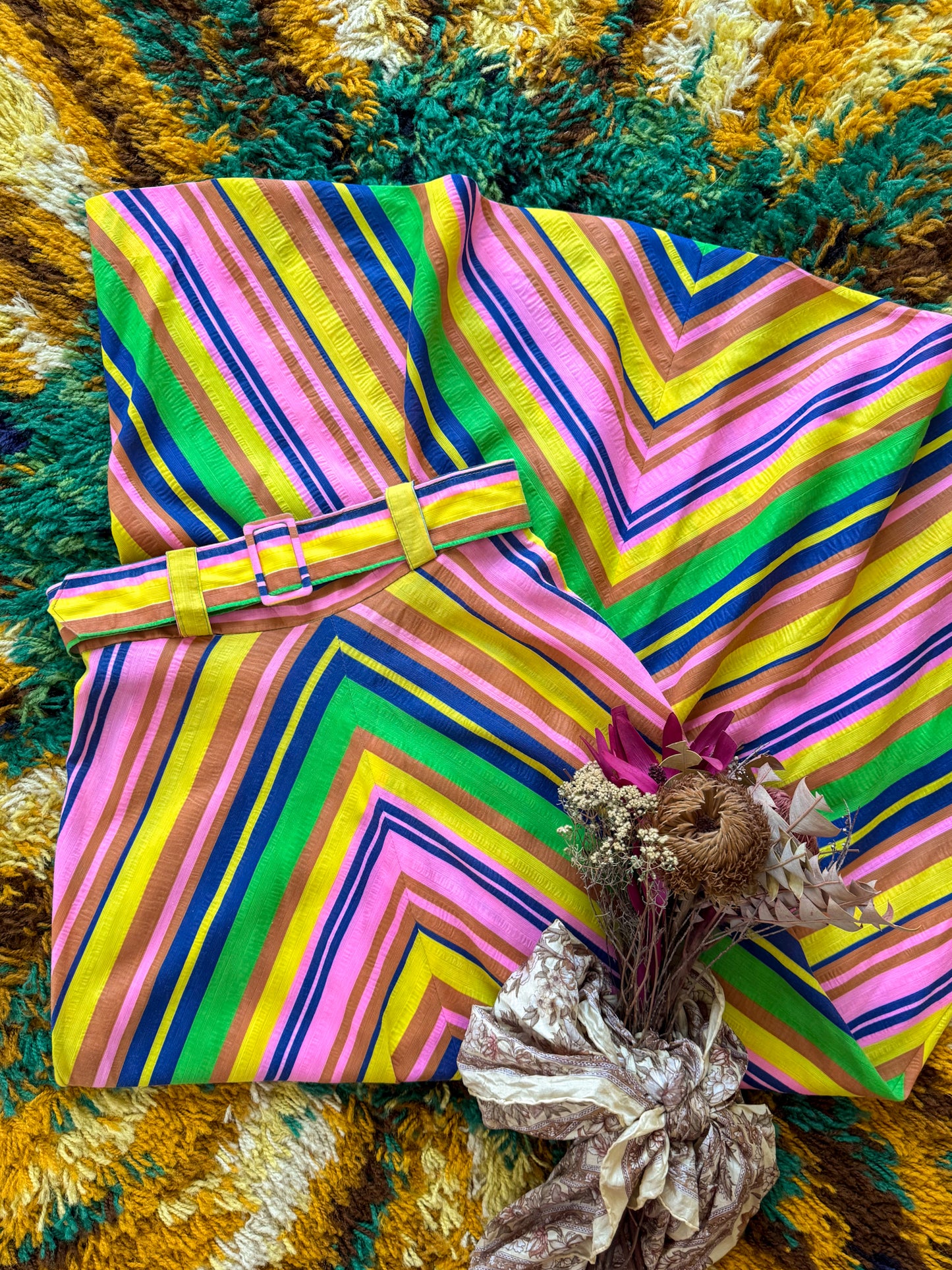 VINTAGE 1970S LONDON BOUTIQUE COTTON RAINBOW STRIPED BELTED MAXI SKIRT S/M