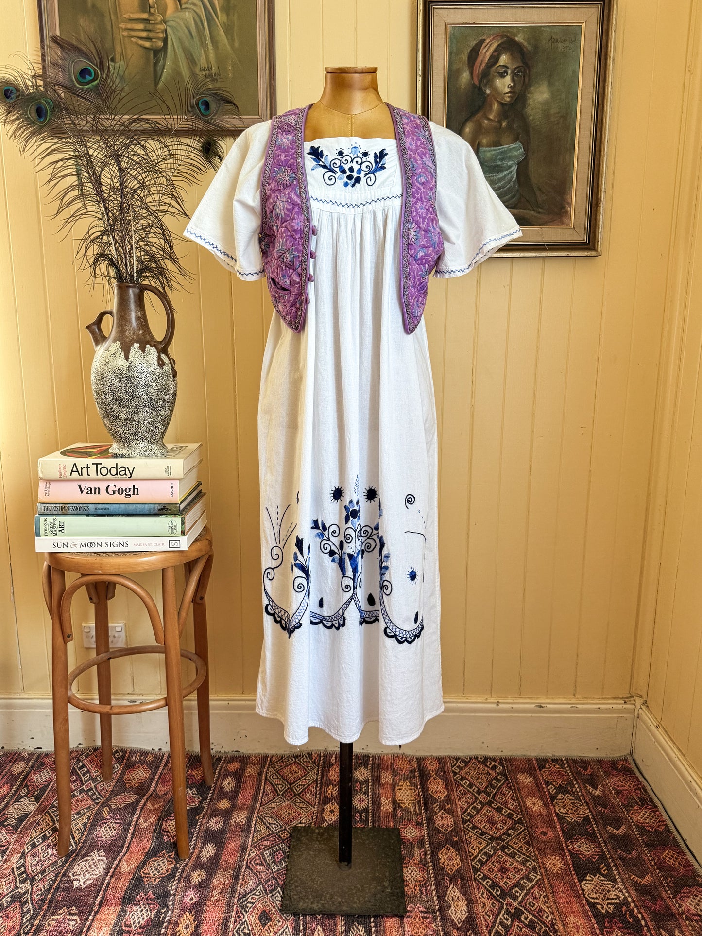 VINTAGE 1980S COTTON EMBROIDERED MIDI PEASANT DRESS M