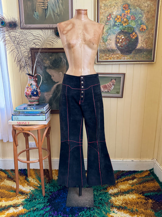 VINTAGE 1970S RARE ROB BLACK SUEDE LEATHER SEAM DETAIL FLARES S