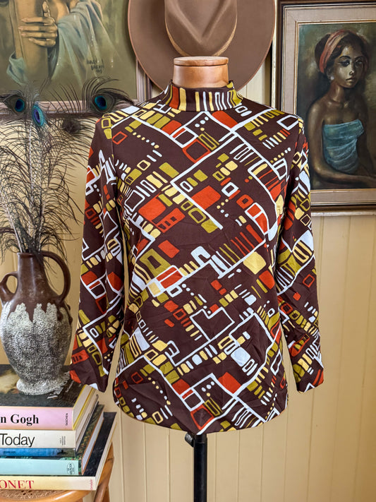 VINTAGE 1970S ACRYLIC PSYCHEDELIC PRINT BROWNS TURTLENECK TOP S