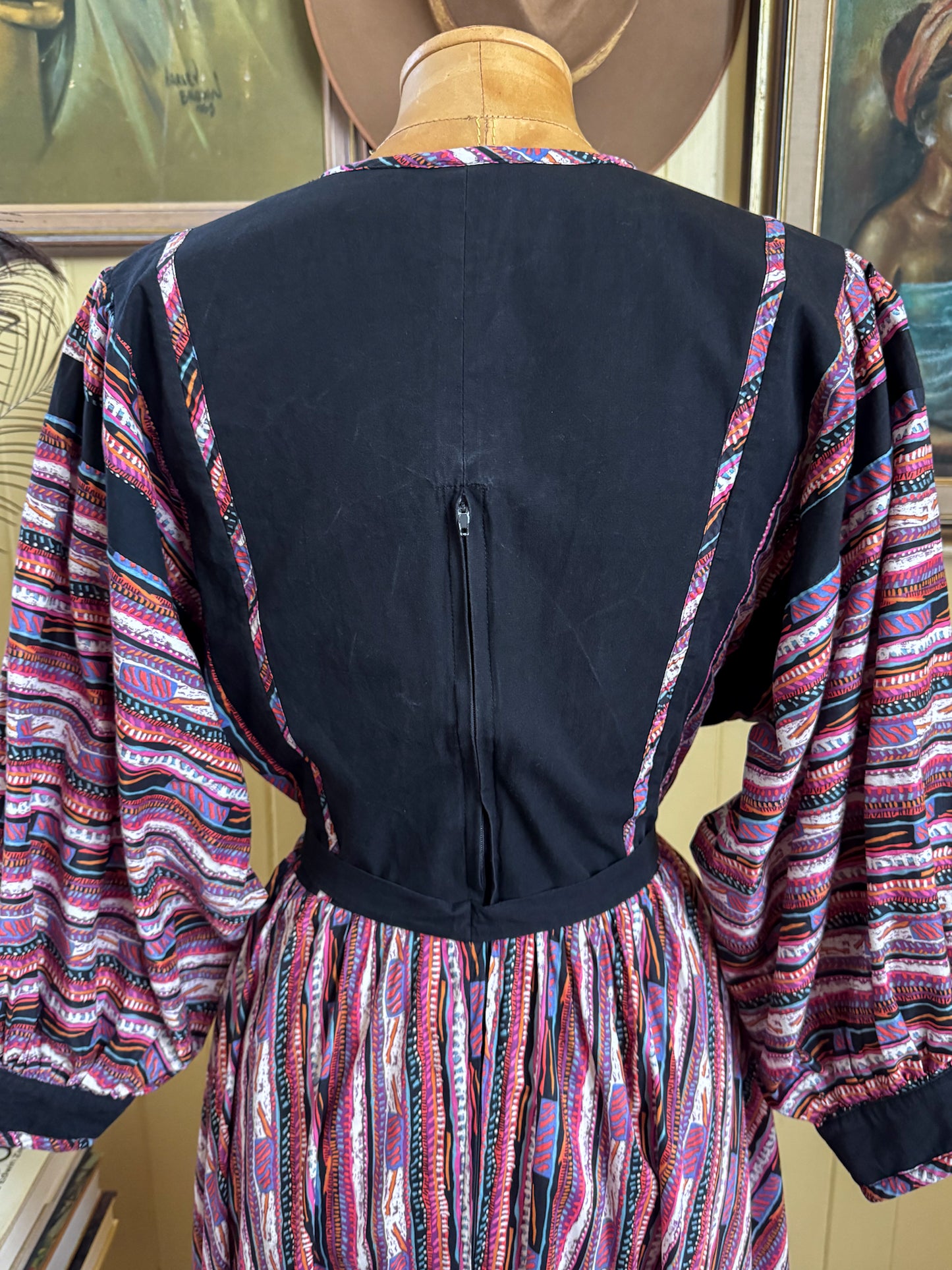 VINTAGE 1970S ORIGIN BY LIBERTY COTTON GEO PRINT BALLOON SLEEVE PRAIRIE DRESS S