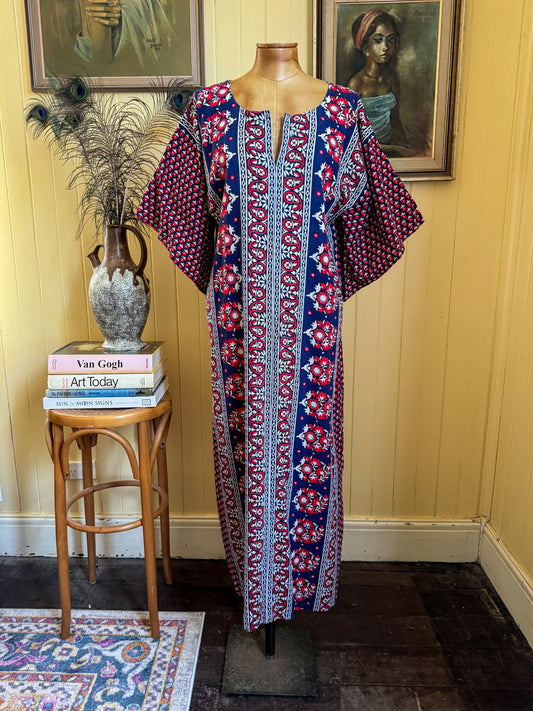 VINTAGE 1980S PAKISTANI COTTON BLOCK PRINT KIMONO SLEEVE MAXI DRESS L