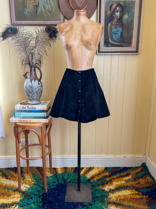 VINTAGE 1990S SUEDE LEATHER PANELLED BUTTON THROUGH MINI SKIRT M/L