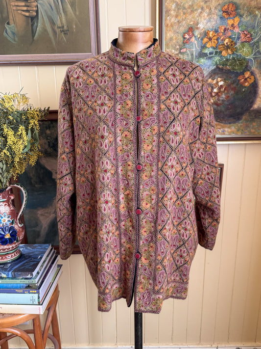 VINTAGE KASHMIR INDIAN PURE WOOL EMBROIDERED BUTTON THROUGH JACKET L