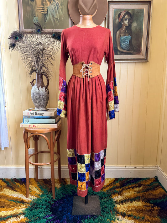 VINTAGE 1960S RARE INDIAN COTTON EMBROIDERED MIRRORS MAXI DRESS S
