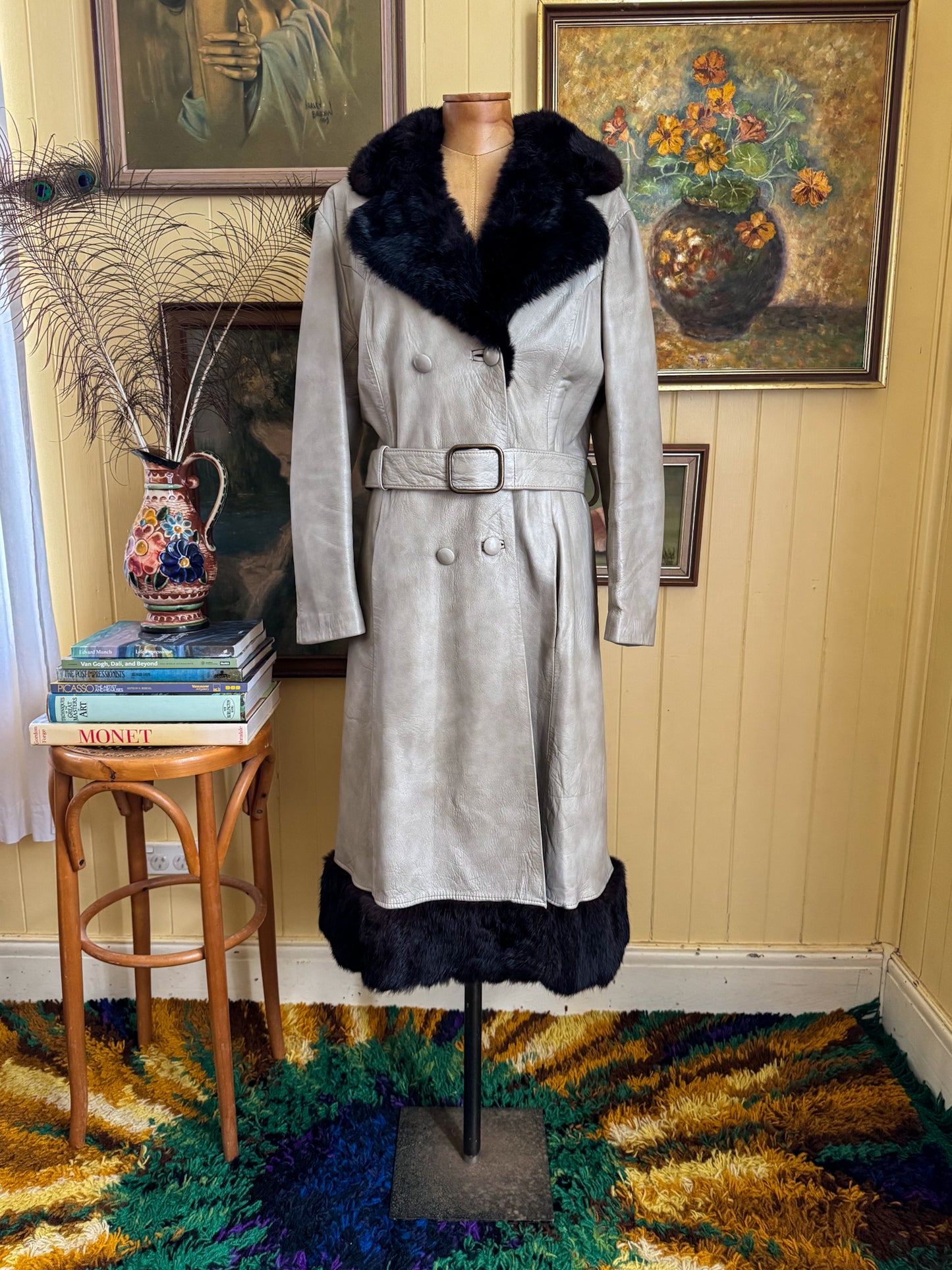 VINTAGE 1970S STEPHEN DATTNER LEATHER FUR TRIM PENNY LANE LONG COAT M/L